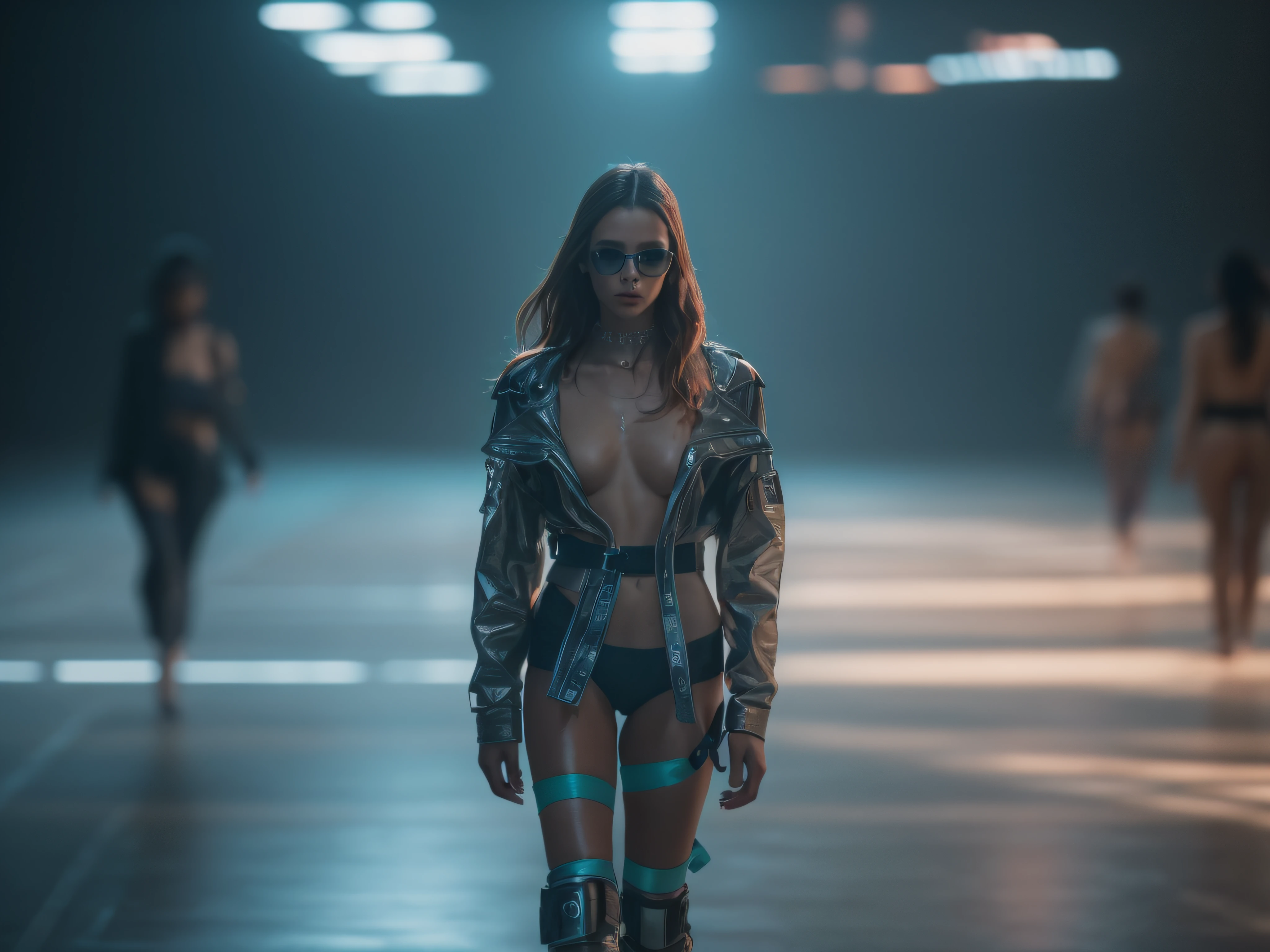 RAW photo,  a fashion model, walk on runway, cyberpunk fashion, (photo-realistic:1.5), (RAW photo, 8k uhd, film grain), extremely delicate and beautiful, highres, sharp focus, extremely detailed, masterpiece, cinematic lighting, (high detailed skin:1.2), dslr, soft lighting, high quality, film grain, Fujifilm XT3