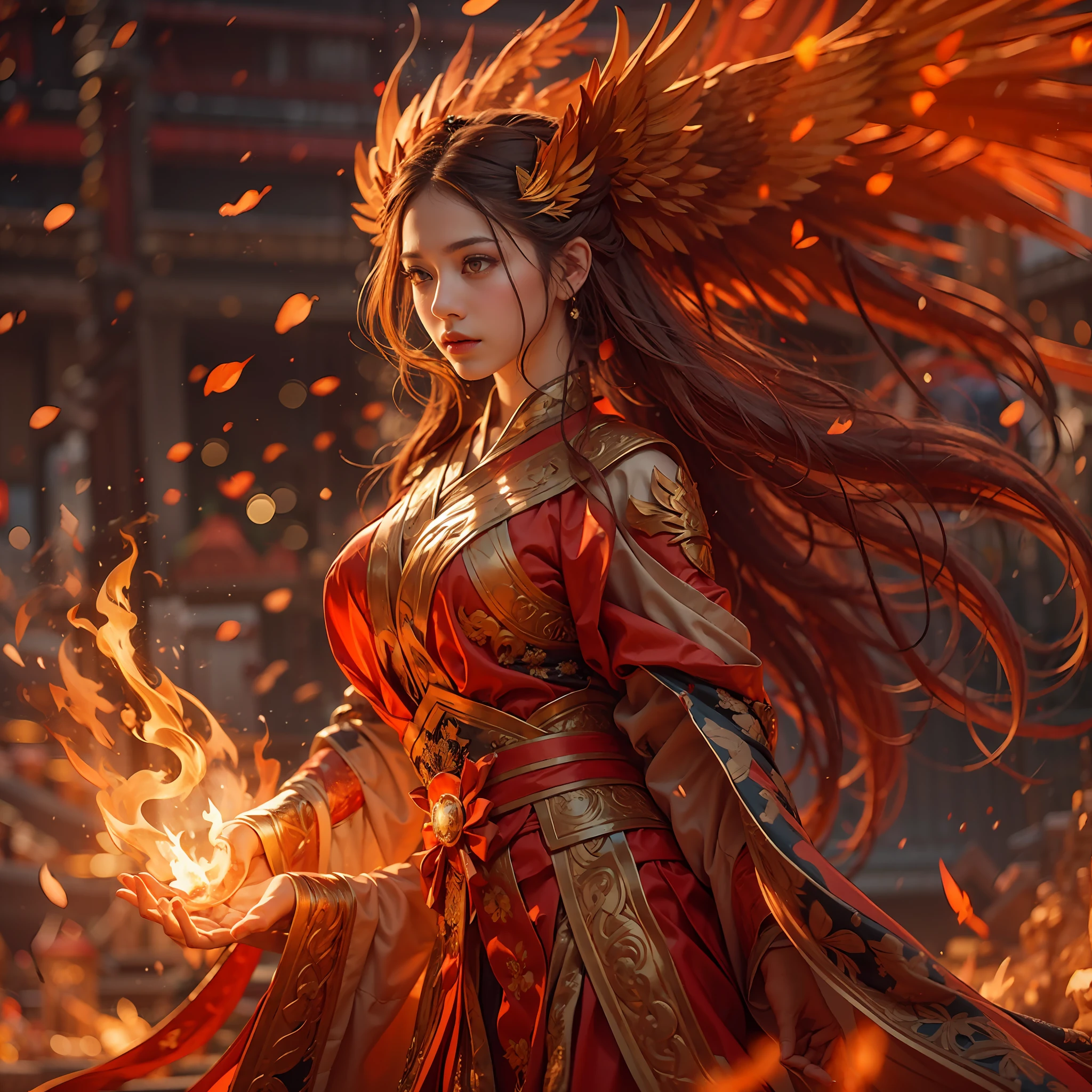 1girll，Flame mage dressed in fiery red（Chinese Hanfu），The robe was embroidered with intricate runes and ornaments，Exudes a burning breath。He was tall and strong，Hands up，Powerful fire spells are being unleashed。His eyes were firm and sharp，A flash of fire flashed in his eyes，Behind the Flame Mage，（A huge flame phoenix spread its wings and flew：1.2），（The feathers of the phoenix burned with roaring flames），It shines brightly，Its body is surrounded by flames，Flame feathers danced，Form a spectacular flaming six-pointed star array pattern，Full of mysterious magic，The whole scene is full of fiery aura and passion for fighting，Large areas of flame spells bloomed in the air，A brilliant arc of flame and flying sparks formed，（Flame Mage and Phoenix），It appears majestic and mysterious in the midst of raging fires，Like the embodiment of fire and magic，red hair，high detal，ultra-realistic realism，Verism，（（Bust photo）），（real photograph：1.4），（lightand shade contrast），cinmatic lighting，Realistic special effects，c4d渲染，rendering by octane，Ray traching，in a panoramic view，angle of view，textureskin，super detailing，hyper HD，tmasterpiece，anatomy correct，best qualtiy，A high resolution，8K