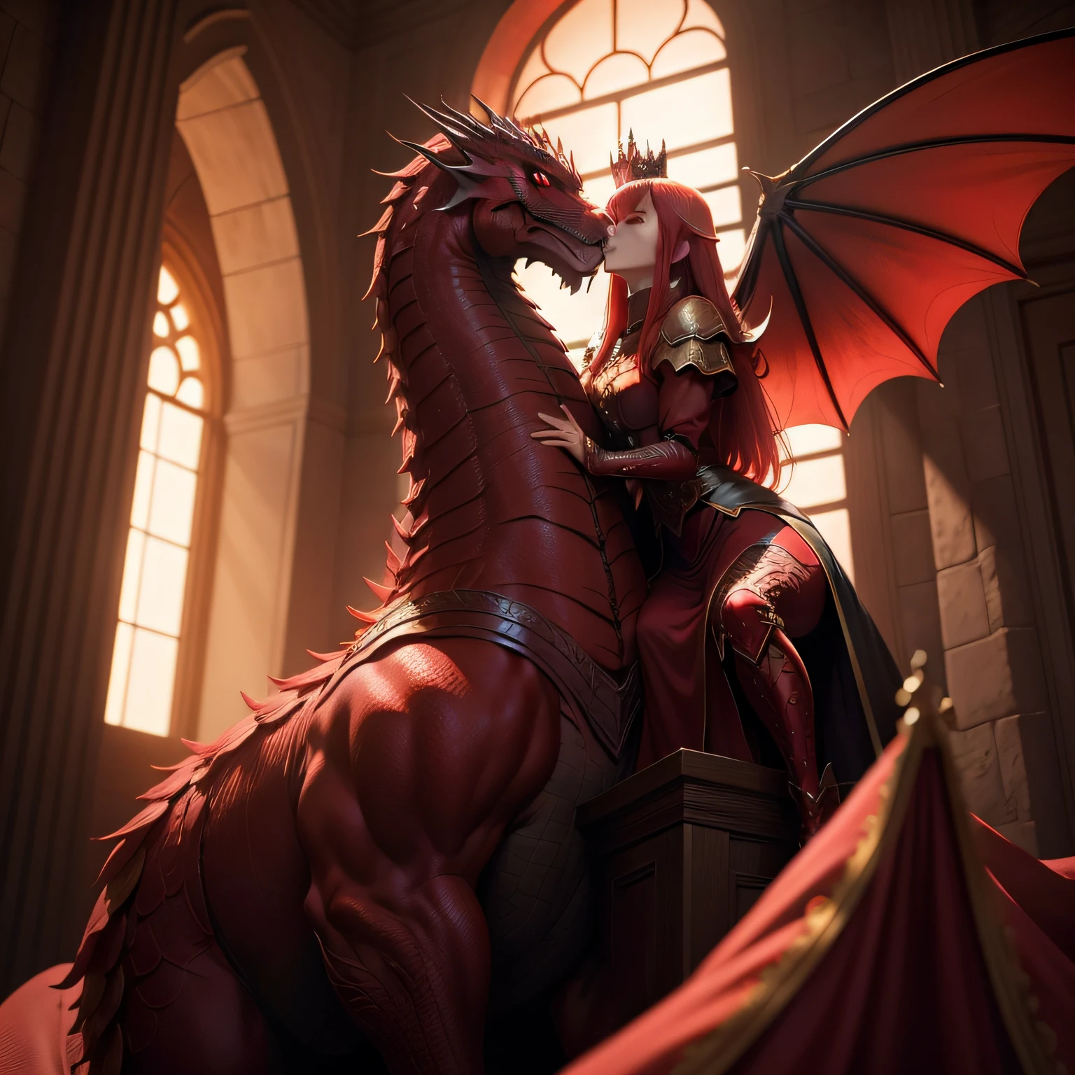The red dragon mansion, as tall as a building, looked at the enemy army,Beautiful princess kisses the head of the red dragon,The red dragon spreads its huge wings to protect the beautiful princess under it,In the shadow of the red dragon is a prince
