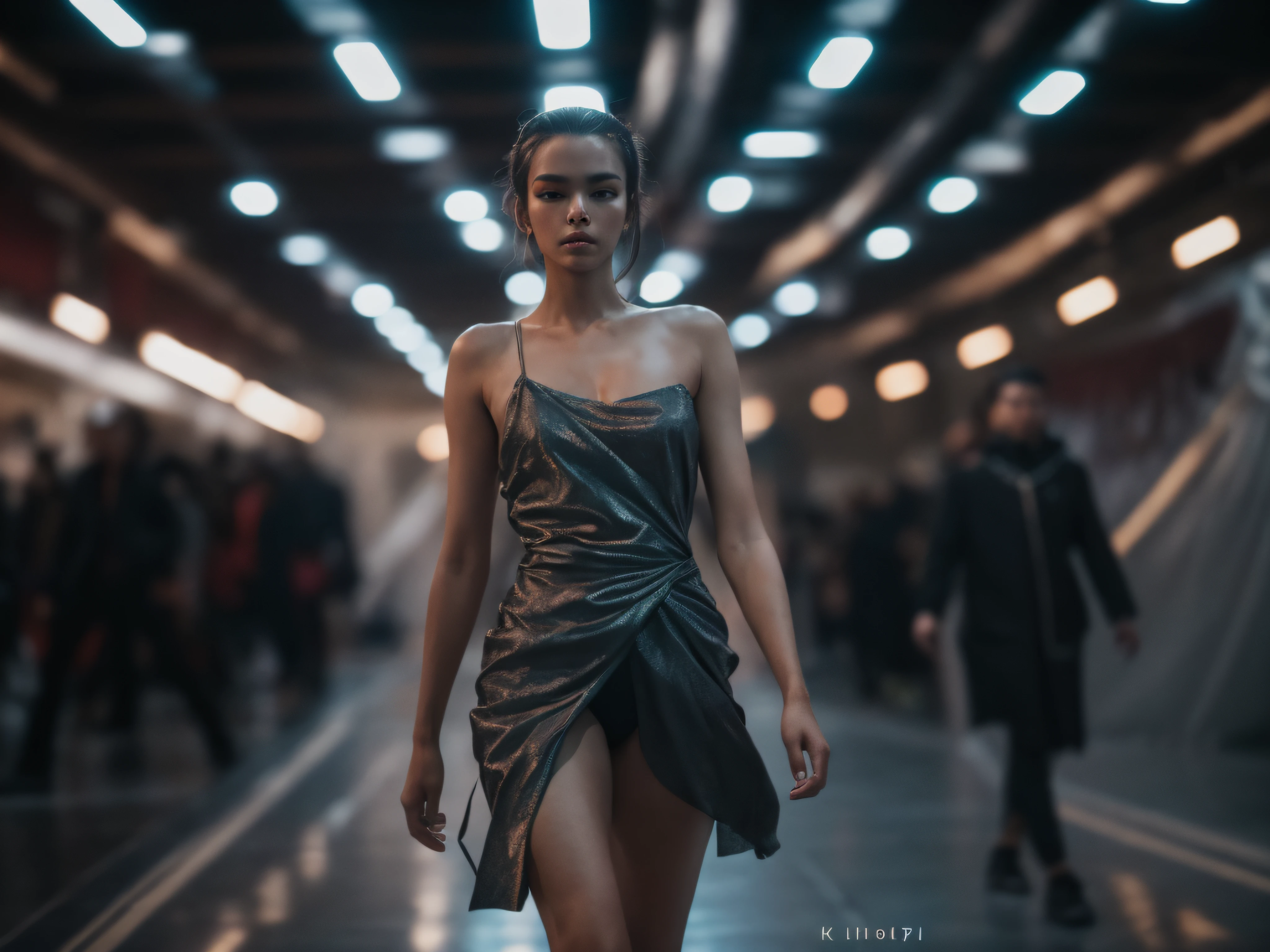 RAW photo, a fashion model, walk on runway, cyberpunk fashion, (photo-realistic:1.5), (RAW photo, 8k uhd, film grain), extremely delicate and beautiful, highres, sharp focus, extremely detailed, masterpiece, cinematic lighting, (high detailed skin:1.2), dslr, soft lighting, high quality, film grain, Fujifilm XT3