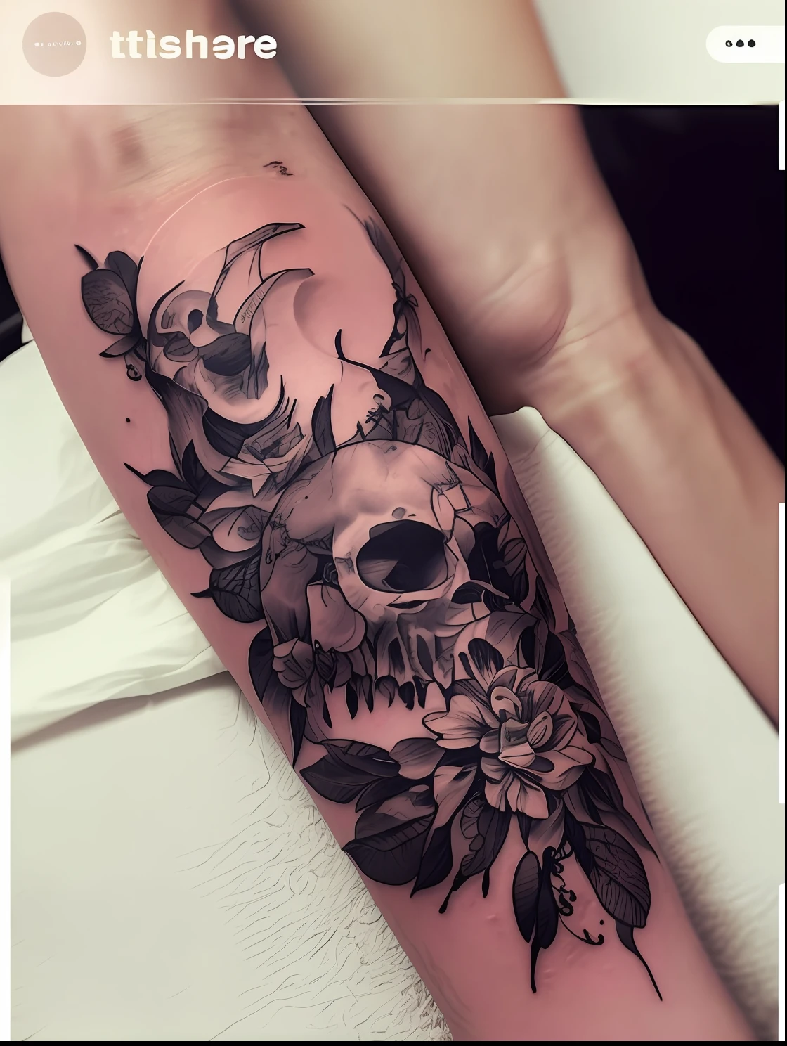 a closeup of a person's arm with a tattoo of a skull and flowers, tatuagem em preto e branco, estilo de tatuagem preto e cinza, skull tattoo, tatuagem escura, sombrio e realista, black and white ink ', realismo super intrincado, forearm tattoo, arte da tatuagem, linha escura, tatuagem blackwork altamente detalhada, Directed by: Adam St. Peter's, tatuagens do pinterest