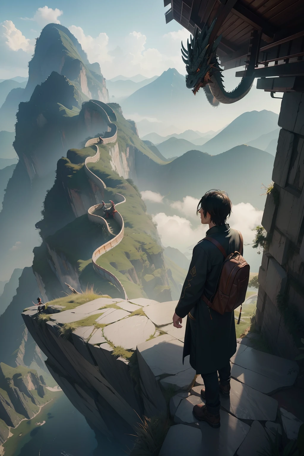 A very detailed matte painting，It depicts a man looking at a Chinese dragon on a mountain，Author: Makoto Shinkai，Volumetriclighting，rendering by octane，4K 分辨率，ArtStation Trends，tmasterpiece