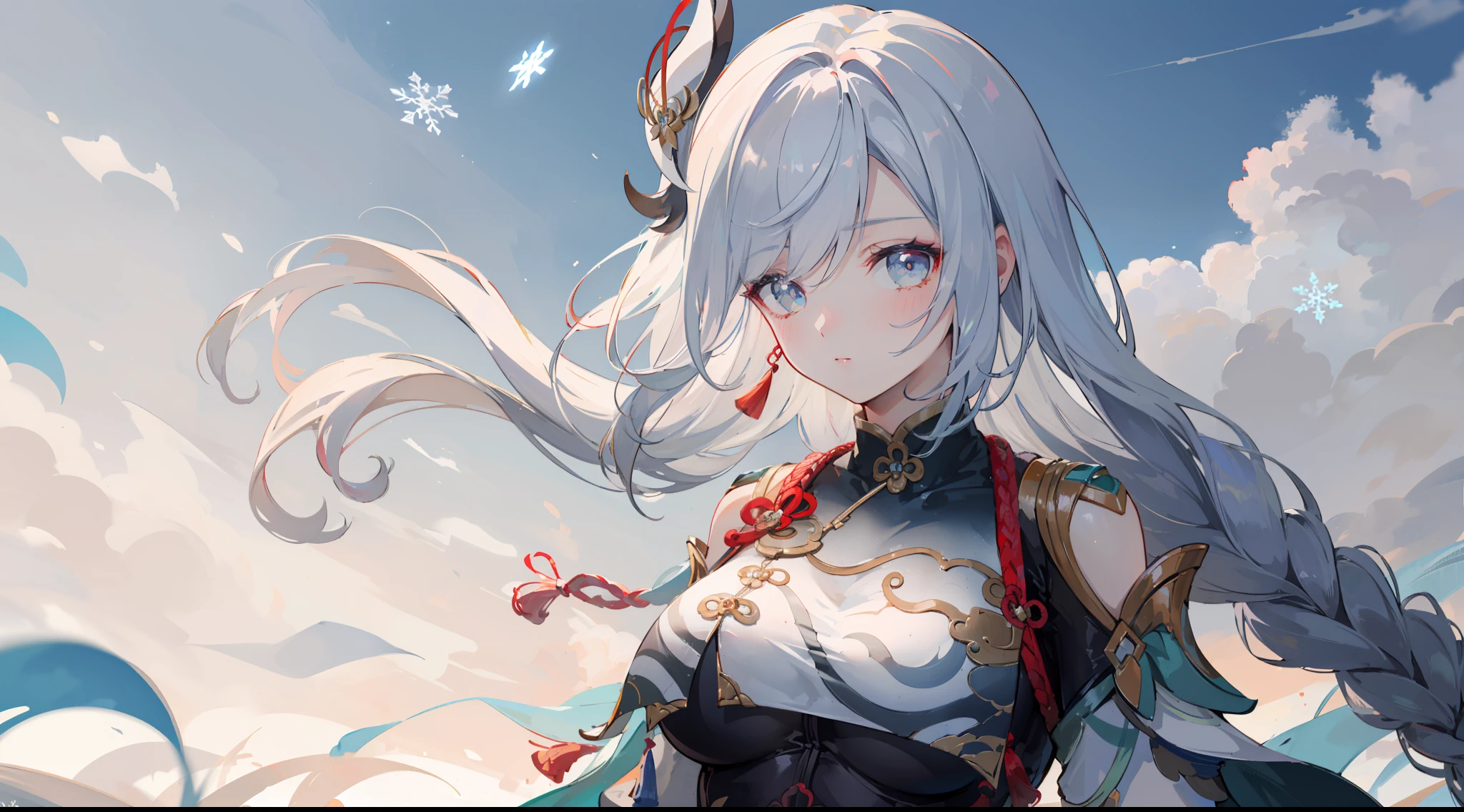 shenhedef, upper body, seductive look, blush, outdoors, snowflake scenery, looking at viewer, cloudy, moody lighting, (perfect detail eyes:1.2), glowing eyes, (long hair one braid:1.2), elemental skill effect, (Masterpiece, Best Quality, High Quality:1.4), professional artwork, Intricate Details, field of view, sharp focus, detailed painting, photorealistic lighting, trending on pixiv, (vivid lighting, vibrant colors:1.05), realistic shadows, ambient occlusion, (athletic body:1.3), mature woman, 30yo,