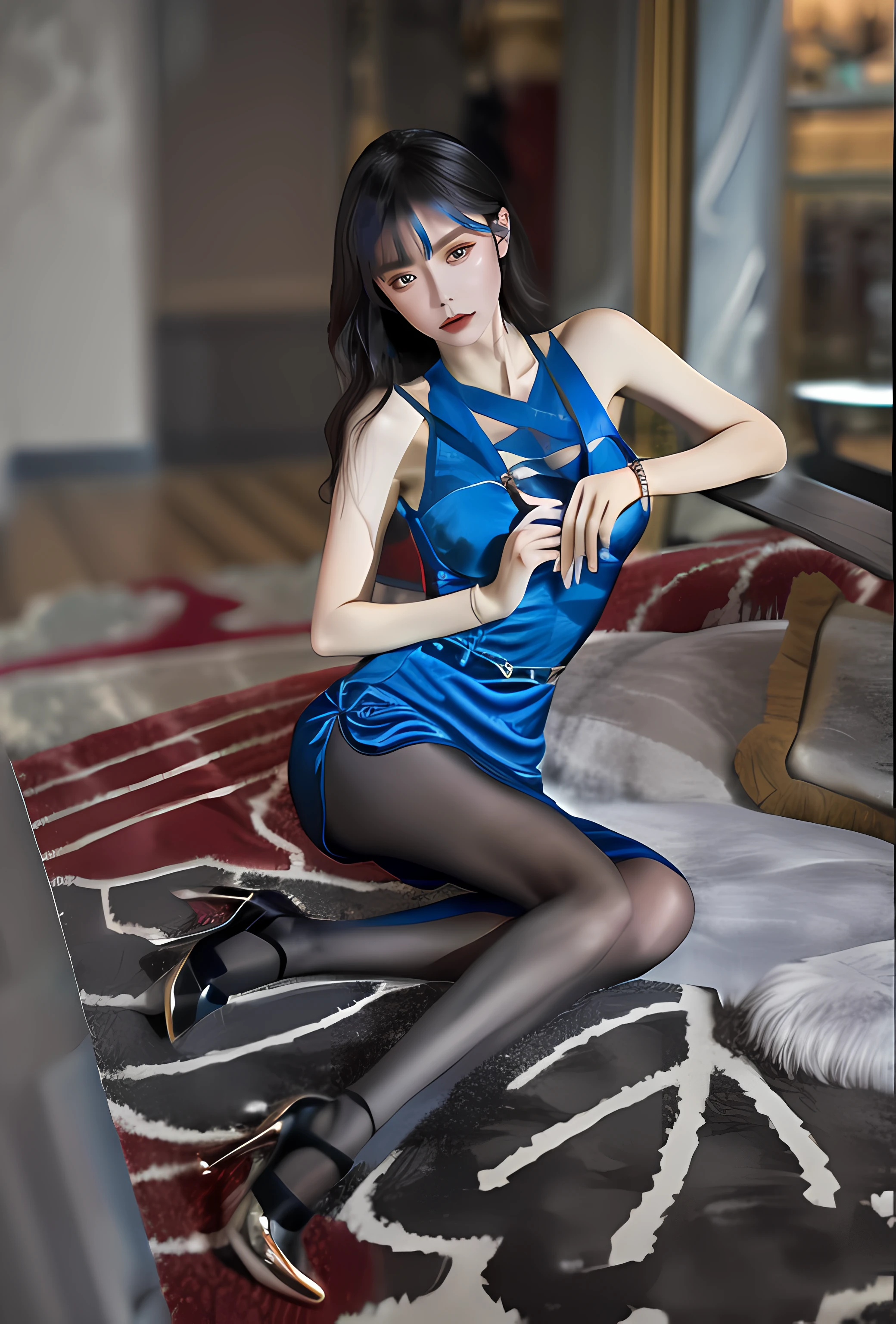 Sexy blue lace-up dress，Sexy and alluring black silk，The appearance is pure and sweet，Smart, Slender, Graceful, and charming
