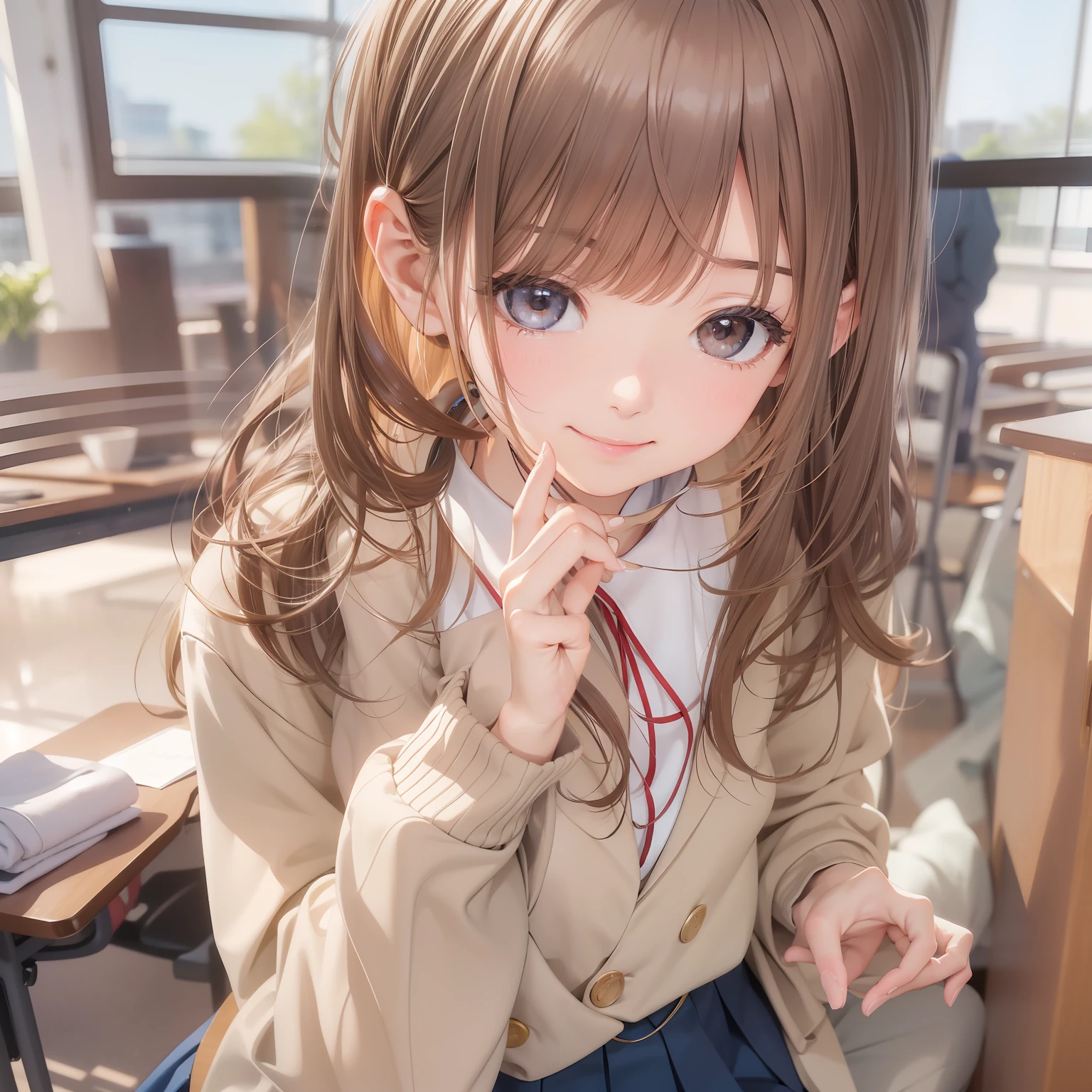 top-quality、facefocus、softlight、(depth of fields)、超A high resolution、(Photorealsitic:1.4)、Raw photography、(upper waist:1.4)、
1日本人の女の子, 独奏, kawaii, (full of shyness, A smile:1.1), (Brown-eyed), Description Beautiful face, (Straight hair),
High School Classroom、(sit a chair)、
(校服:1.4、Navy skirt、Navy Blazer)