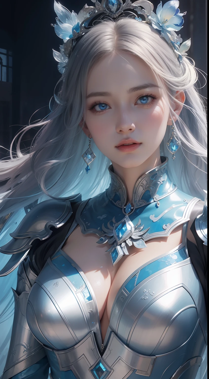 a close up of a woman in a women in a silver and blue dress, chengwei pan on artstation, by Yang J, detailed fantasy art, stunning character art, fanart best artstation, epic exquisite character art, beautiful armor, extremely detailed artgerm, Detailed digital anime art, Artgerm on ArtStation Pixiv, armor girl，glass。glassflower