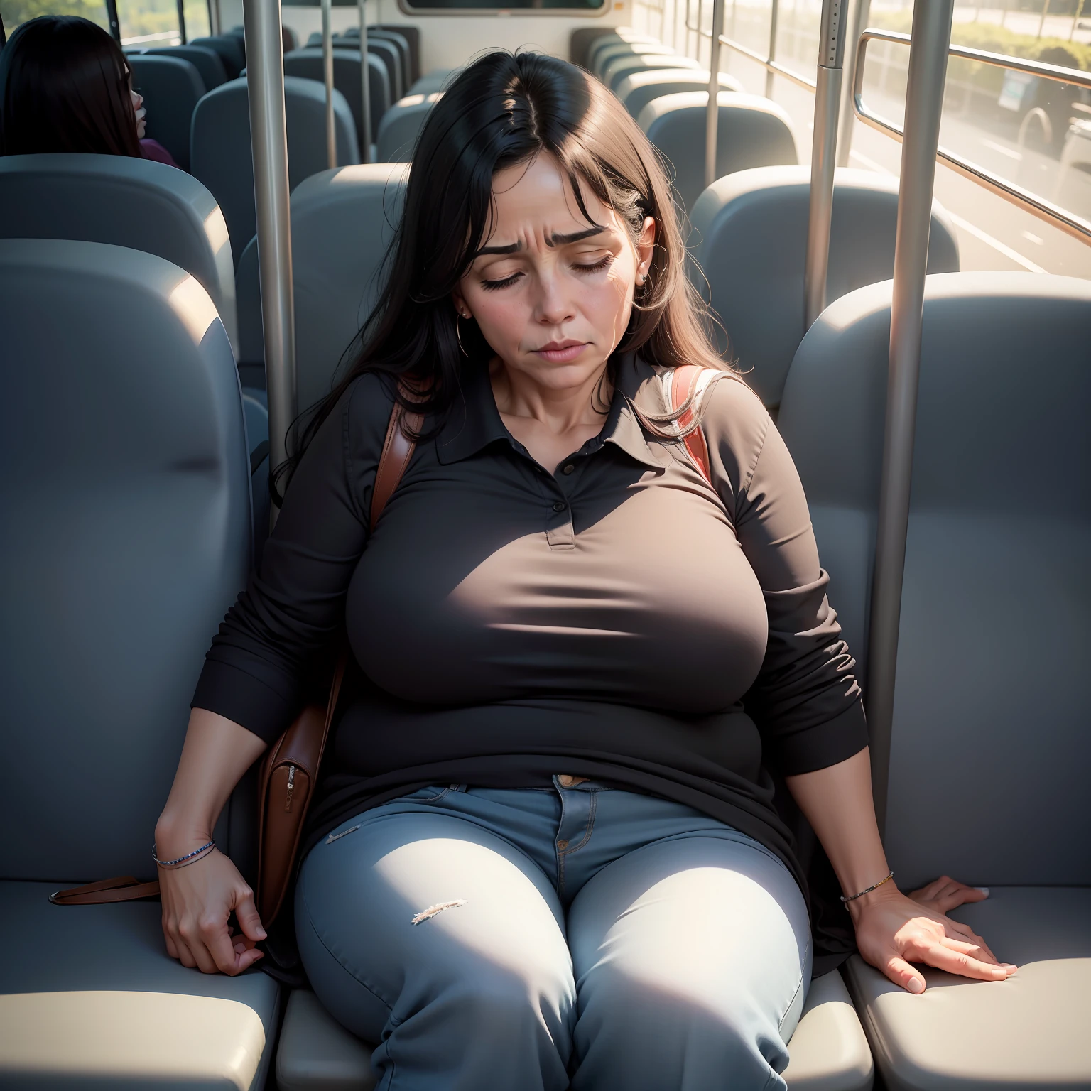 1 mujer hermosa, 50 year old lady, durmiendo con la boca abierta, ojos cerrados, cabello negro, Sleeping sitting on the bus, jeans, polo negro, pechos grandes, ojos delineados, babeando, roncando, desmayada, bolso negro, Head in the bus window