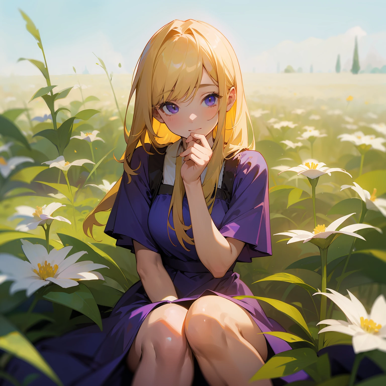 (​masterpiece、top-quality)、One blonde girl sitting in a field of green plants and flowers、Put your hands under your chin、Warm lighting、Purple dress、blurred foreground