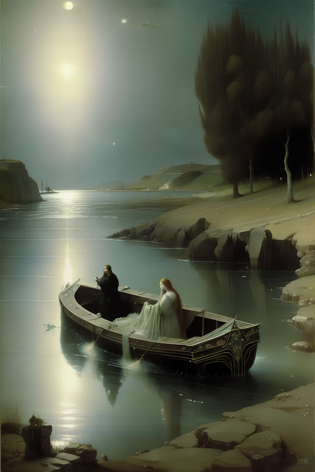 (((Pre-Raphaelite painting of Charon taking the boat of the dead by sea, Crying spirits, Arnold Böcklin style island of the dead)))