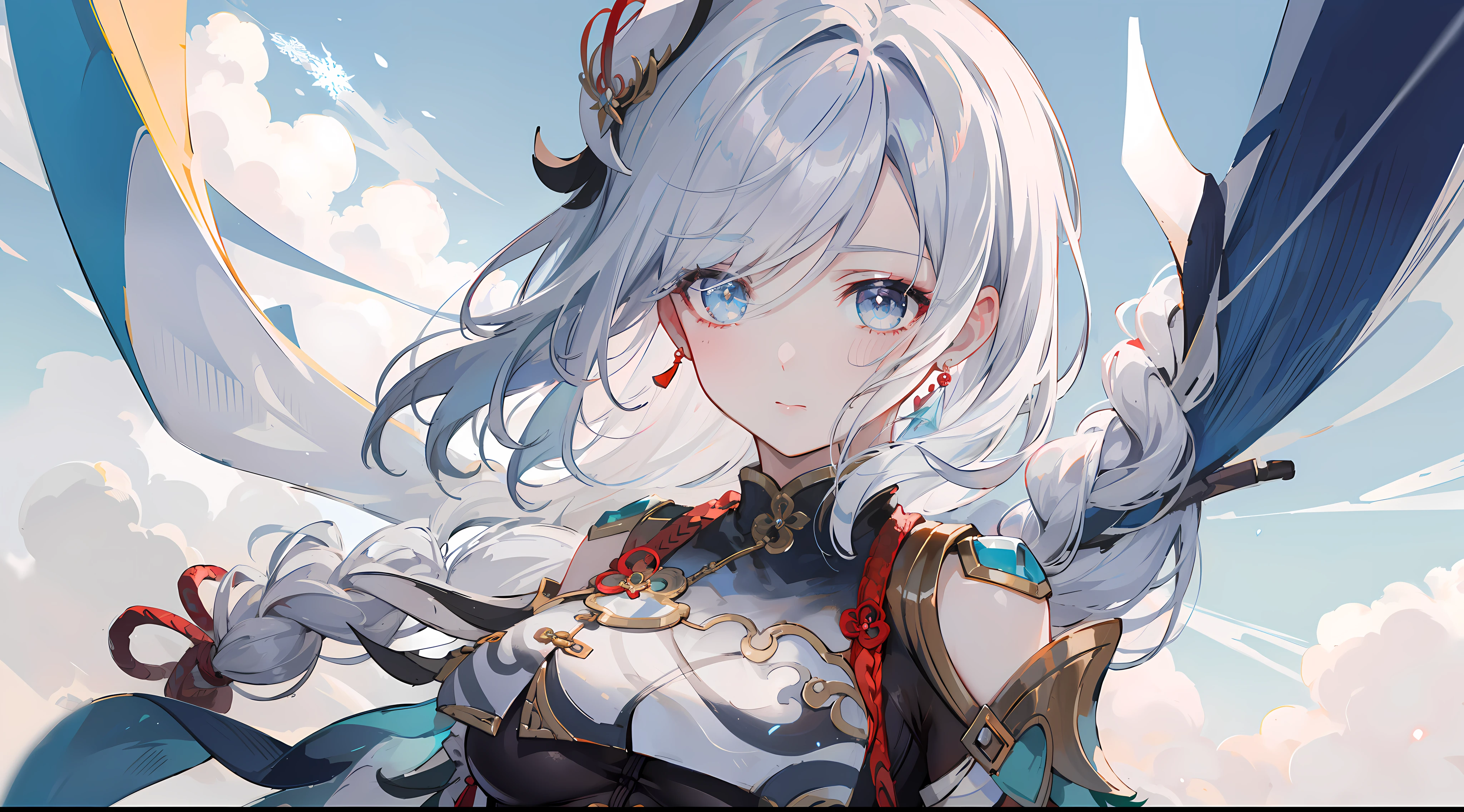 shenhedef, upper body, seductive look, blush, outdoors, snowflake scenery, looking at viewer, cloudy, moody lighting, (perfect detail eyes:1.2), glowing eyes, (long hair one braid:1.2), elemental skill effect, (Masterpiece, Best Quality, High Quality:1.4), professional artwork, Intricate Details, field of view, sharp focus, detailed painting, photorealistic lighting, trending on pixiv, (vivid lighting, vibrant colors:1.05), realistic shadows, ambient occlusion, (athletic body:1.3), mature woman, 30yo,