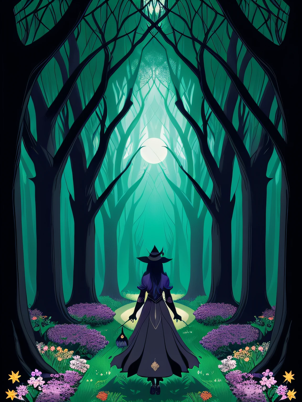 vector art of a mystical witch strolling through an enchanted grove, in harmony with nature's magic. Depict the witch with earthy tones and natural motifs, wearing a crown of leaves and flowers. Use a warm and inviting color palette to create a sense of harmony and balance in the grove. Show the witch connecting with the animals and creatures of the forest, forming a bond with the natural world. The grove can be filled with colorful flowers, singing birds, and dancing butterflies, illustrating the magical rapport between the witch and nature. This style should convey a sense of serenity and oneness as the witch peacefully walks through the enchanted grove, isolated, black background, in the style of 0mib
