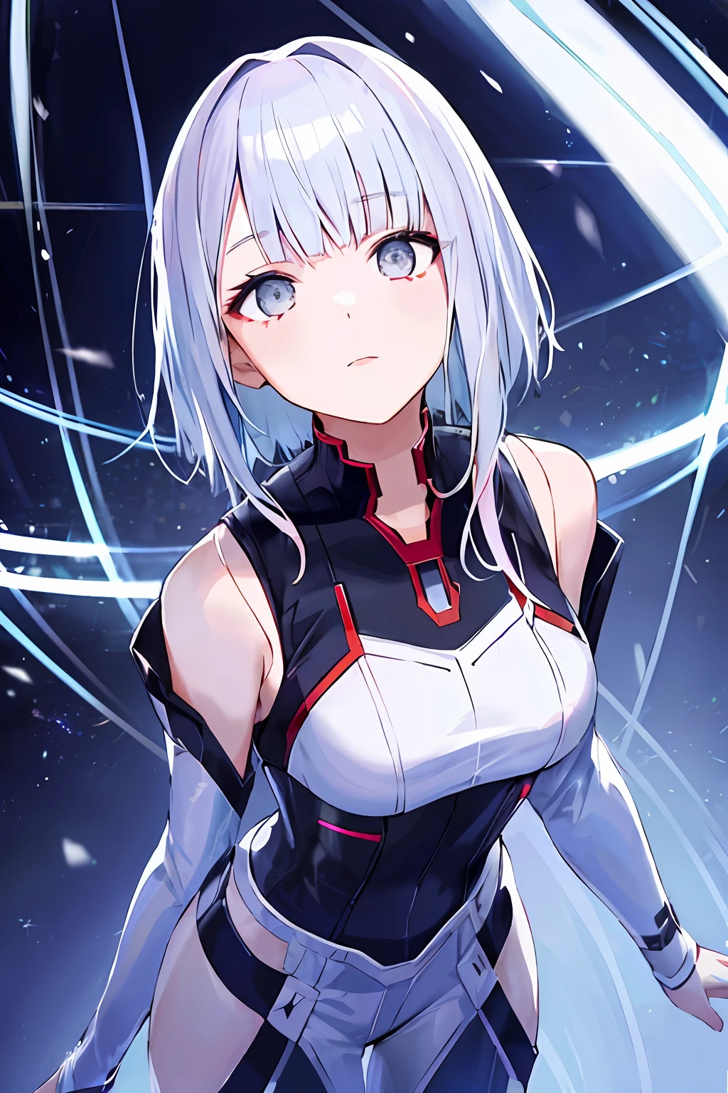 lucy \(cyberpunk\), 1girl, bangss, bblurry, short hair, (tiny chest), cyberpunked、Gradient eyes、grey eyes、white hair、s lips、middlebreast、multicolored eyes、Light blue multicolored hair、Red eyeliner、SF、shorth hair、独奏、hight resolution, Photorealsitic, (shinny skin), big breasts thin waist、perfect anatomia、best qualtiy、2D、