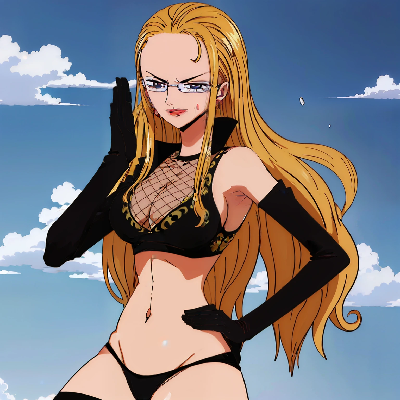 Kalifa, One Piece, obra prima, terno, olhos castanhos, corpo robusto, corpo feminino, parte superior do corpo, pele clara,