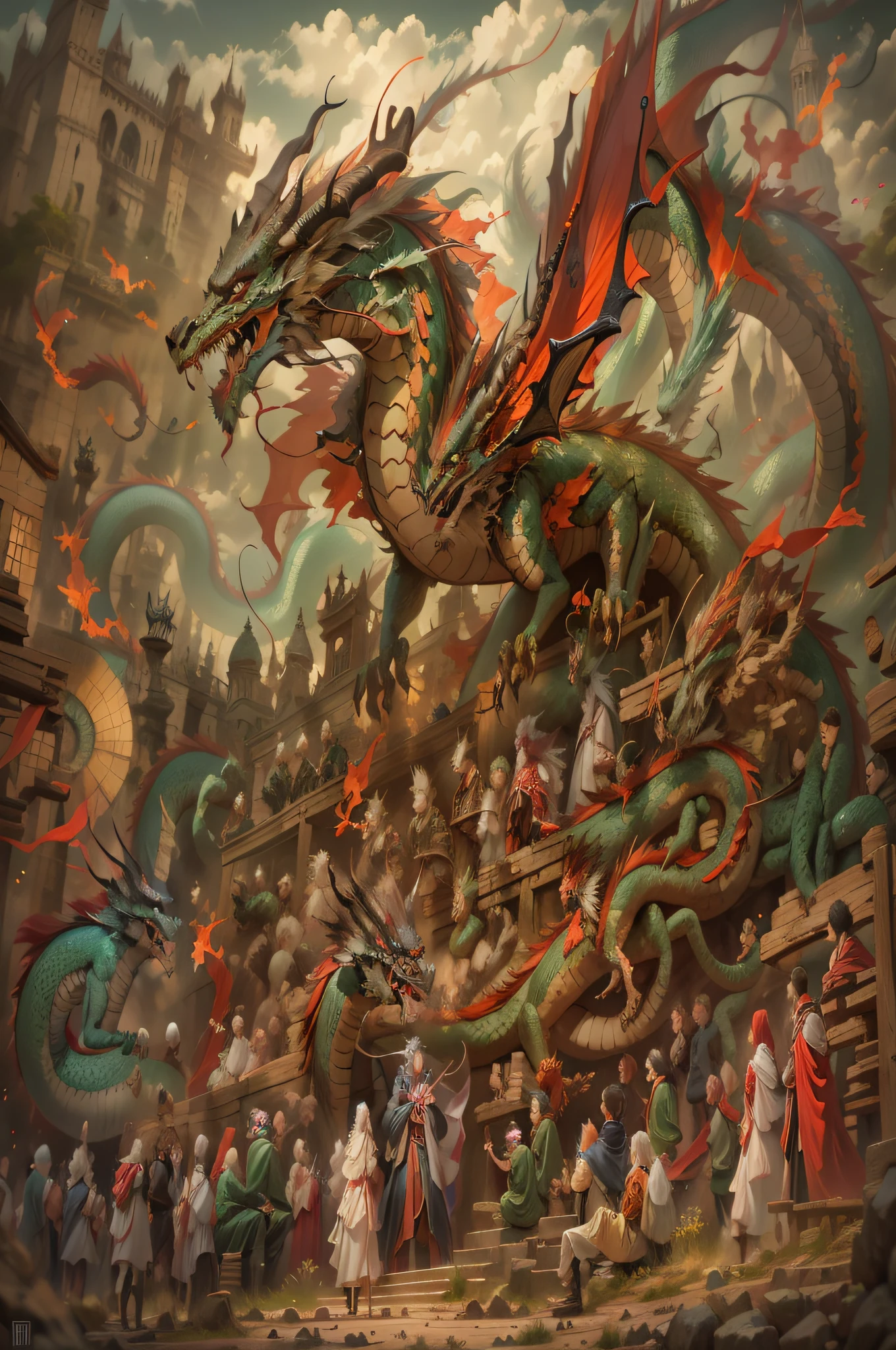 generate a high-quality image of "dragon and man" using the diffusion model: "dragon and man: a unique legend and a fantasy picture of harmonious coexistence", 1girl, adult, pale skin, slender, large breasts, pink hair, gradient hair, colored inner hair, messy hair, multi-tied hair, hanfu, striped