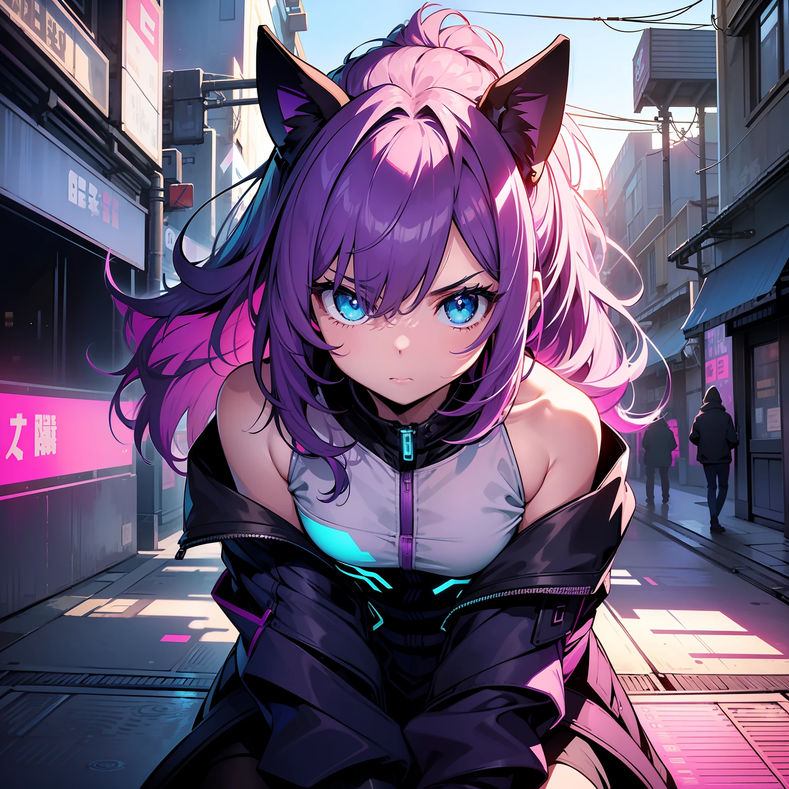 1 Synth Wave Style Girls、extremely details CG、(masterpiece)、(flat-colors:1.5)、(top-quality)、(Pallet Limited)、Blue fluorescent paint、、Nolin Art、silhuette、partially coloring、(alternate color):1.4、dynamic ungle、(pink there、Dark violet):1.3、Dark Violet Shadow、(Synth Wave)、(chromatic abberation)、(((Thick)outline))、Blue outline、(solofocus)、Purple Neon Light、Perfect Shadow、cowboy shot、blank stare、caps、flat breast、Wear an off-the-shoulder floating jacket、short wavy delicate hair、blank stare、delicated face、bare shoulders、Sitting on the roof of a building、beautiful and delicate eyes、(1 girl in):1.5、独奏、From above、Delicate background、Street with neon lights、profile、Facing down、pantyshot