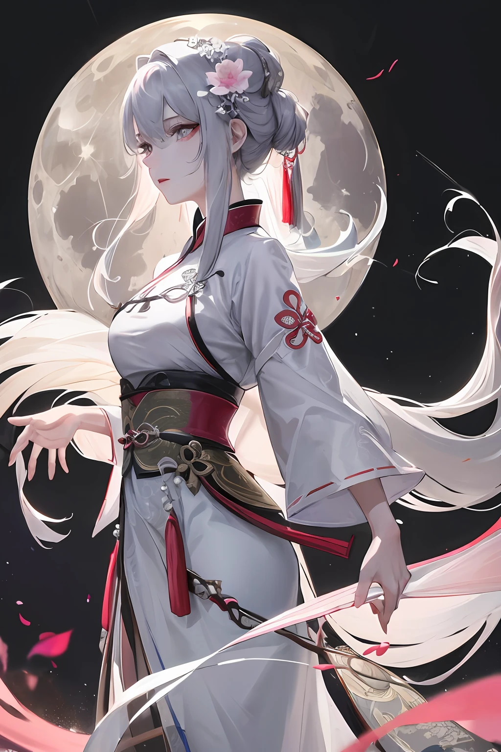 Masterpiece, Best quality, Night, full moon, 1 girl, Mature woman, Chinese style, Ancient China, sister, Royal Sister, Cold expression, Expressionless face, Silver white long haired woman, Light pink lips, calm, Intellectual, tribelt, Gray pupils, assassins, short knife, flower ball background, Stroll through the street view