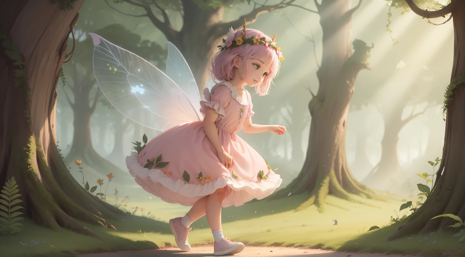 Illustration for children's story of a cute little fairy, corpo inteiro, inserida em uma floresta magica que tem cabelos rosa, a wreath on his head, Foot sneakers, flutuando na floresta magica, vestido longo, ao lado um unicornio