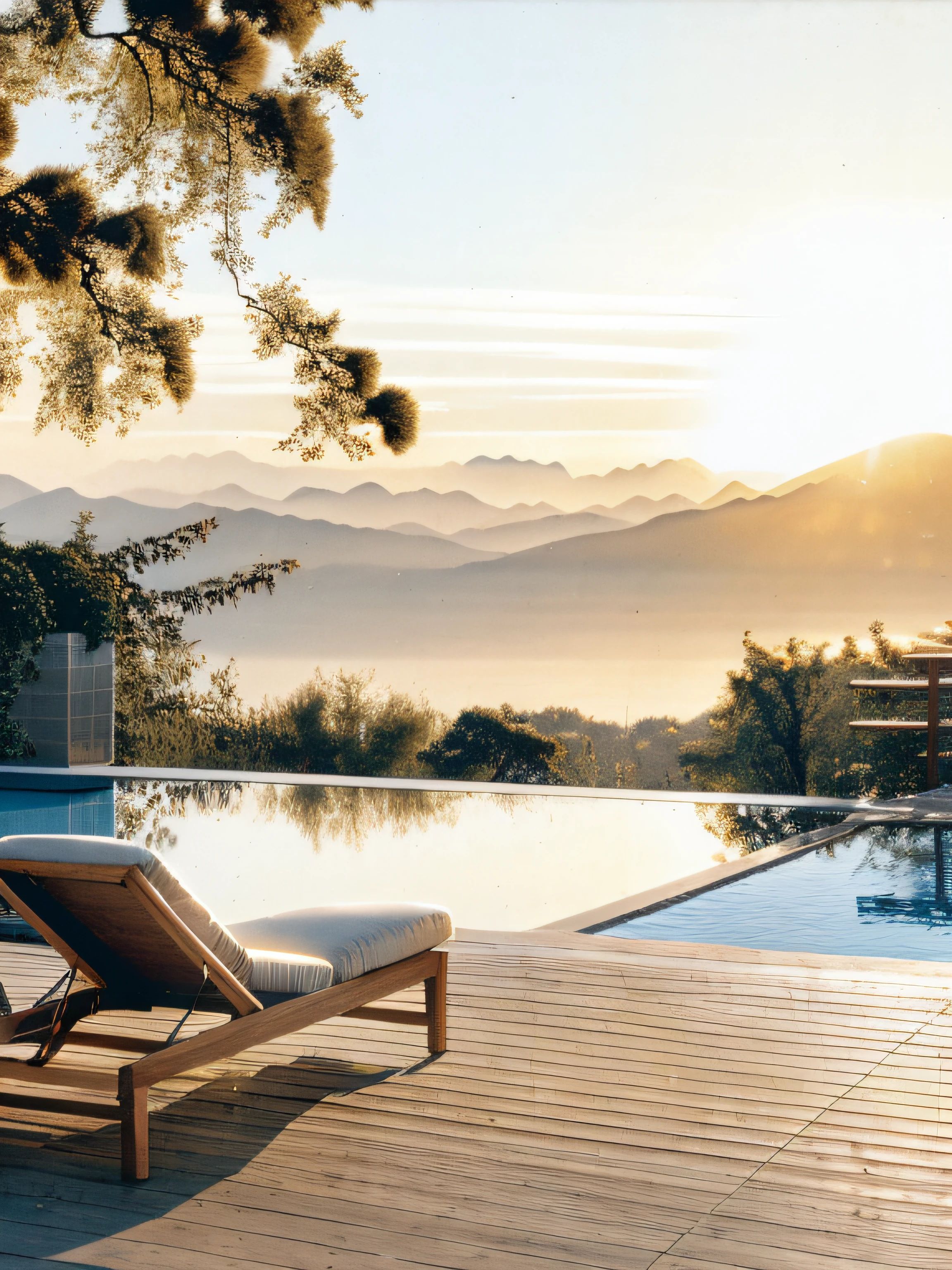 The deck is equipped with loungers and tables, hard morning light, crisp smooth lines, Morning glow, View, author：Jürgen von Henderberg, legendary masterpiece, sit on the edge of swimming pool, natural morning light, morning golden hour, Masterpiece, author：William Bella, radiant morning light, Clear detail, conde nast traveler photo