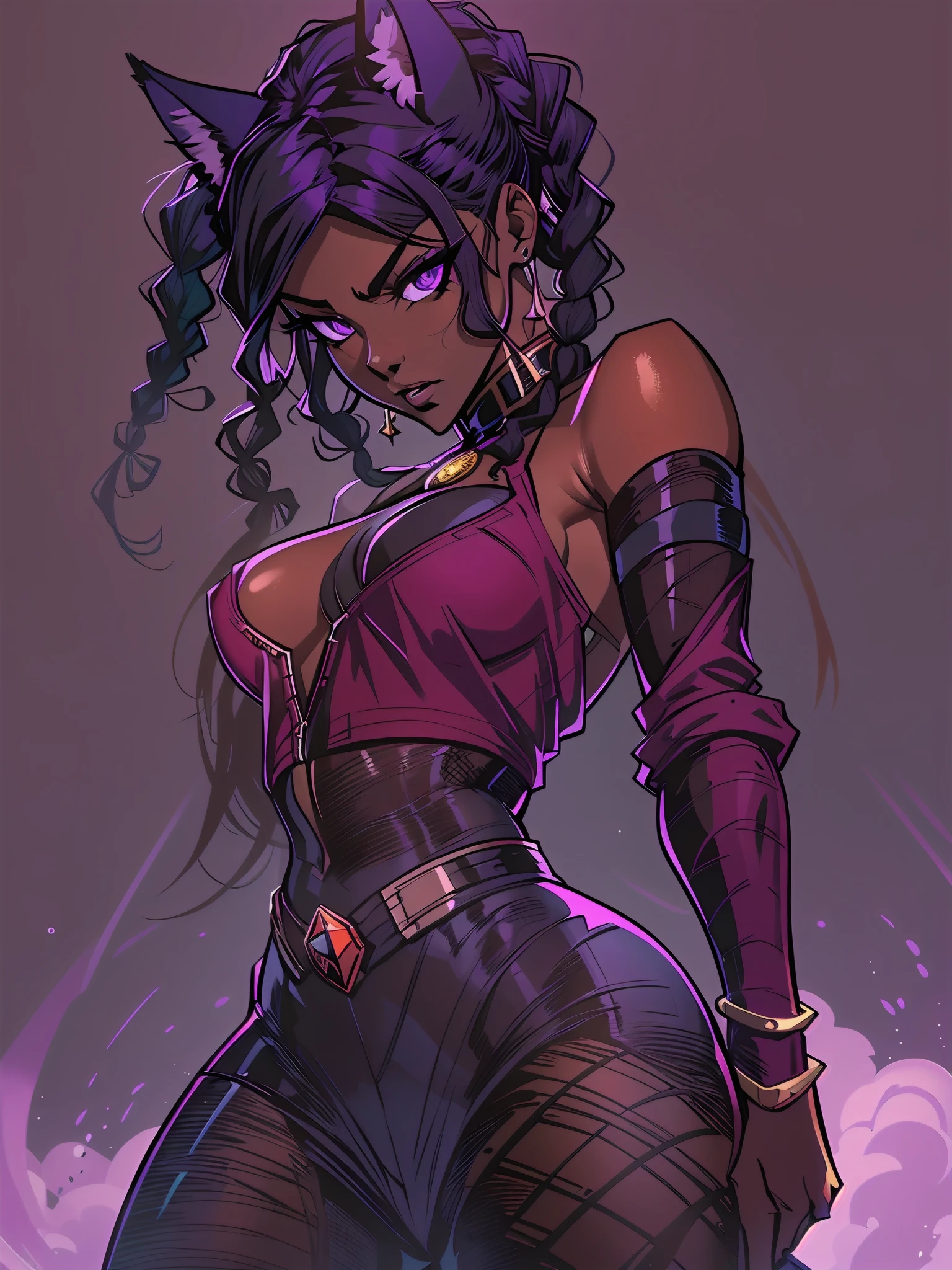Masterpiece, Excellent, 1girl, solo, complex details, color diffusion, comic book, anime, marvel, DC, catgirl, dark skin, ebony, brown skin, dark-skinned female, thighs, cat ears, dark hair, black hair, braids, dreadlocks, braided hair, purple eyes, skimpy attire, epic attire, assassin, badass, deadly but sexy, trending, demon, goddess, Super Villain