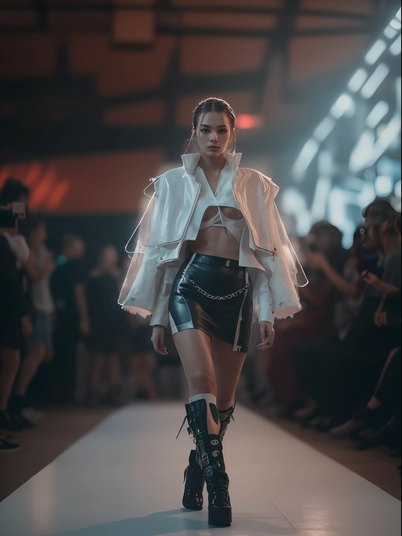 RAW photo,  a fashion model, walk on runway, cyberpunk fashion, (photo-realistic:1.5), (RAW photo, 8k uhd, film grain), extremely delicate and beautiful, highres, sharp focus, extremely detailed, masterpiece, cinematic lighting, (high detailed skin:1.2), dslr, soft lighting, high quality, film grain, Fujifilm XT3