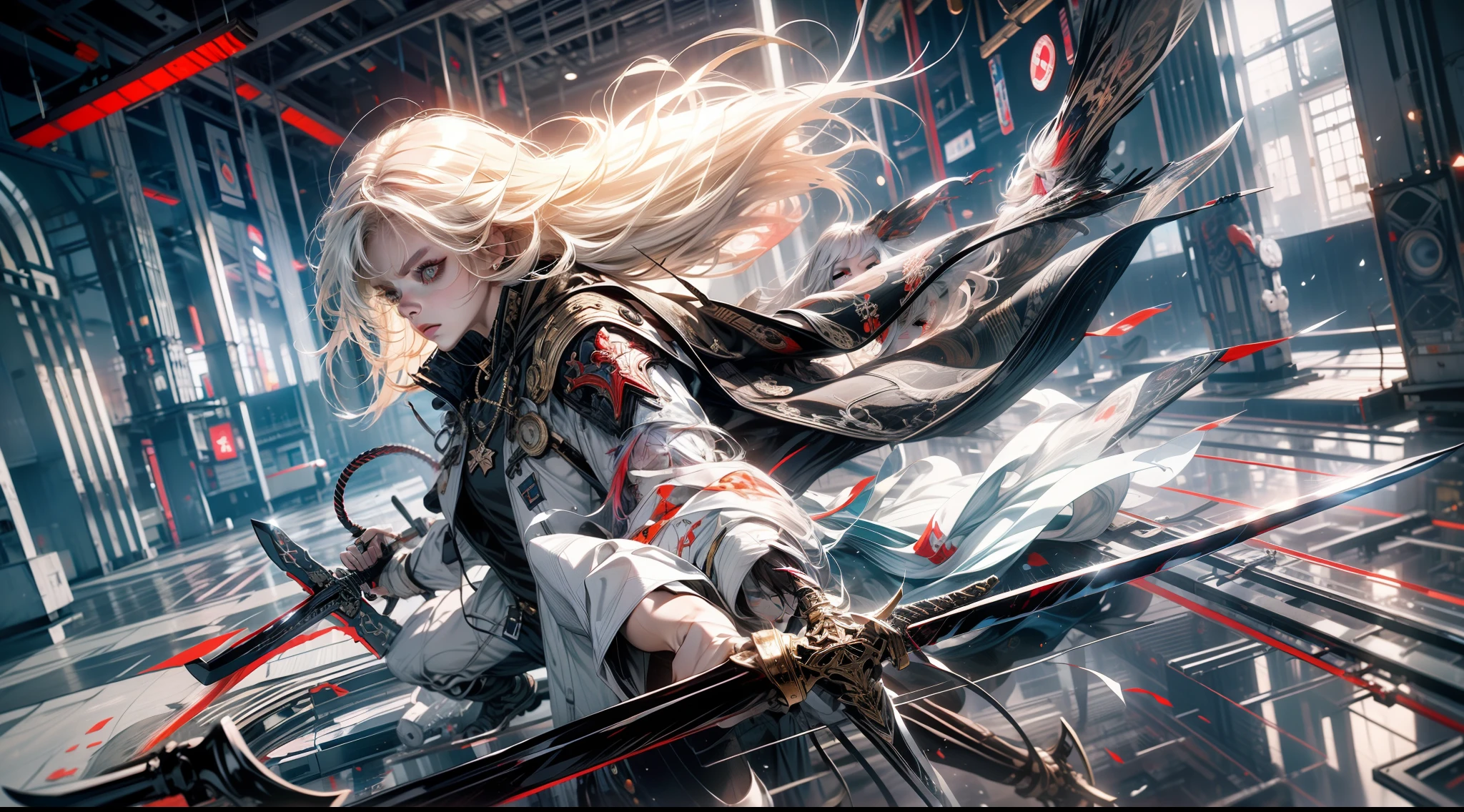 High resolution, super detailed, realistic textures, bold textures, crazy textures,
(((full body)))，{{very wide shot}},{{from below}}，Reflective floors, mirrored textured floors
masterpiece, best quality, best quality,Amazing,1girl,finely detail,Depth of field,extremely detailed CG unity 8k wallpaper, masterpiece, full body,(),(white hair), red streaked hair, red eyes, (full body),red hair, (((with sword))), angry face,(beautiful detailed eyes), Blood drop,Blood fog, floating hair,light shafts, soft focus, character focus,disheveled hair,long bangs, hairs between eyes, looking at viewer,lowing hair, floating, Splashing blood,Long hair,(Bloodstain)