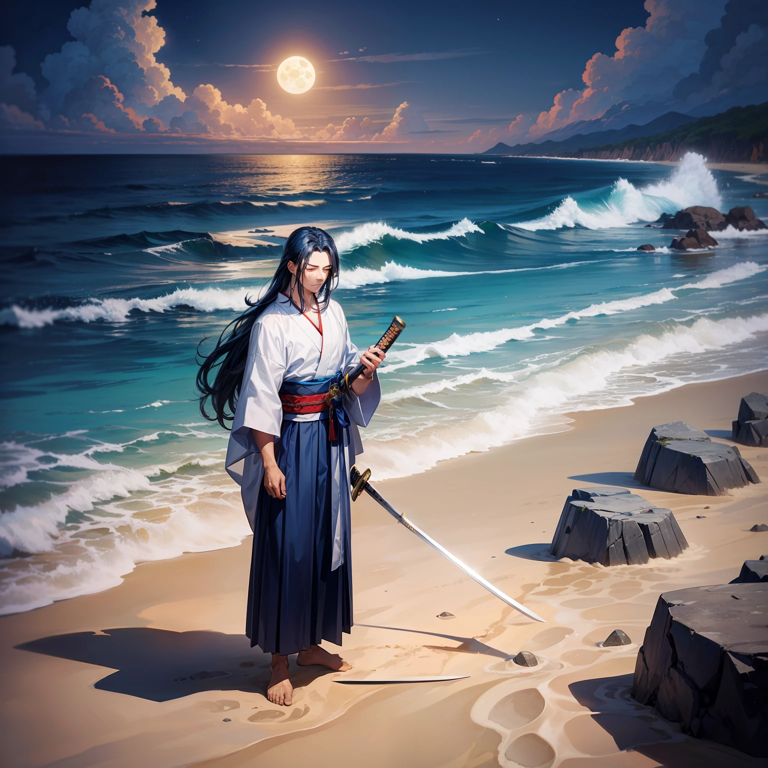 (A man with long blue hair) is standing on the beach, (wearing a white kimono and a long blue skirt). He holds a (shiny katana in his right hand). The beach is quiet and deserted, with sand and many rocks. In the background, the sea and the waves hitting the rocks, light from the yellow full moon that shines in the night sky. The man has his eyes closed, with a serene expression on his face.