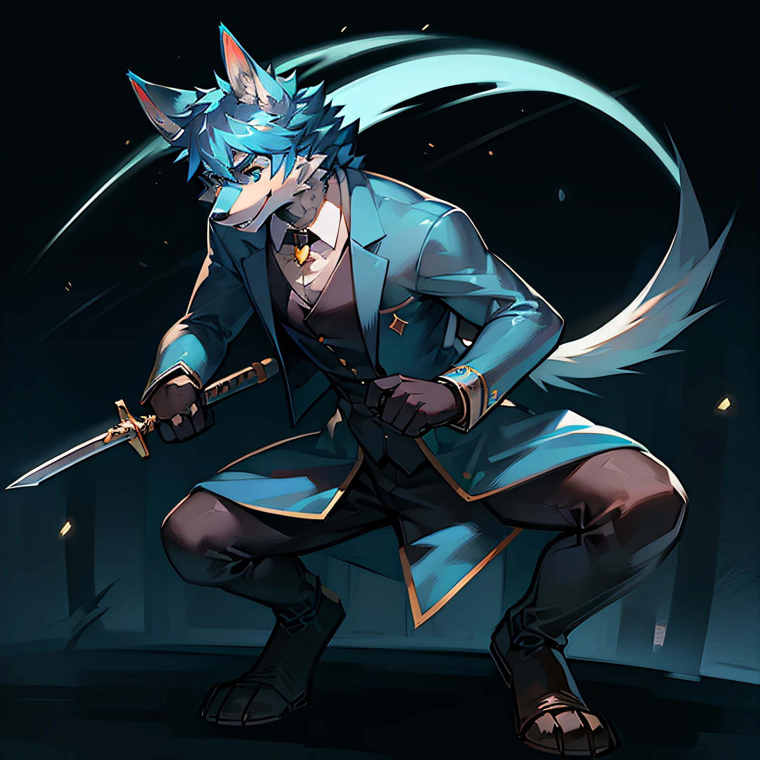 blue colors，coyote，Handsome，Combat posture，火焰，The sword，Knight's suit