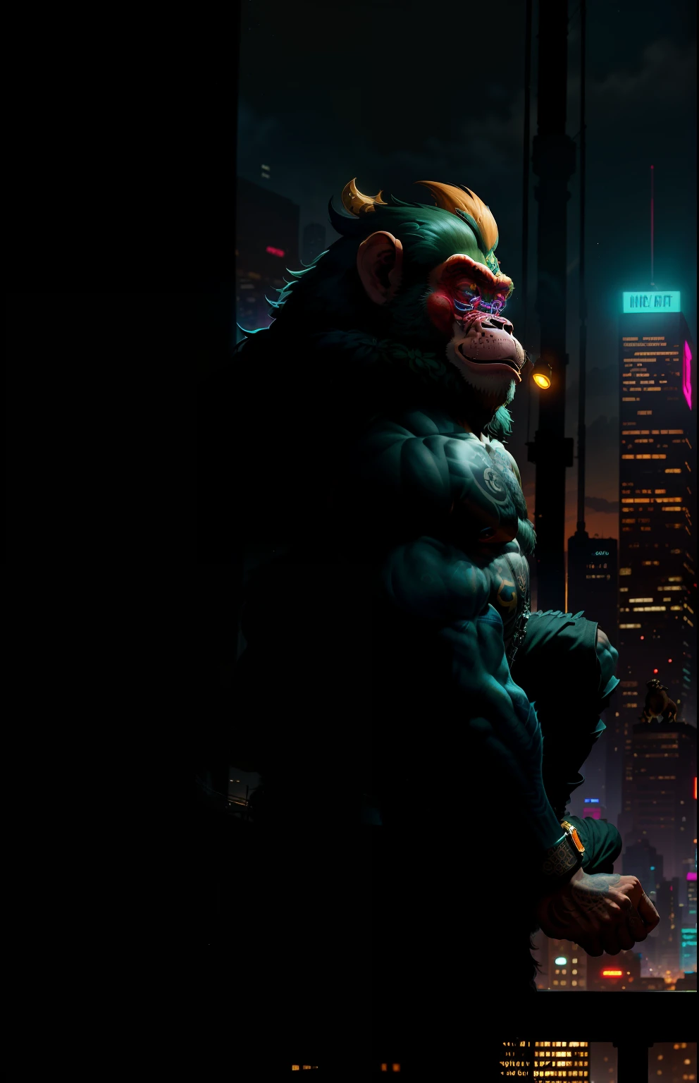 ((best quality)),((ultradetailed)), ((masterpiece)), illustration,
Scene structure: Animal-personified monkey as a gangster, with a monkey face and human body. He has a muscular build and tattoos on his body. He rides a motorcycle in the city, with tall buildings behind him and neon lights flashing.
Prompt composition: Monkey-gangster, animal-personification, motorcycle-riding, tattooed-body, muscular-build, city-scape, tall-buildings, neon-lights