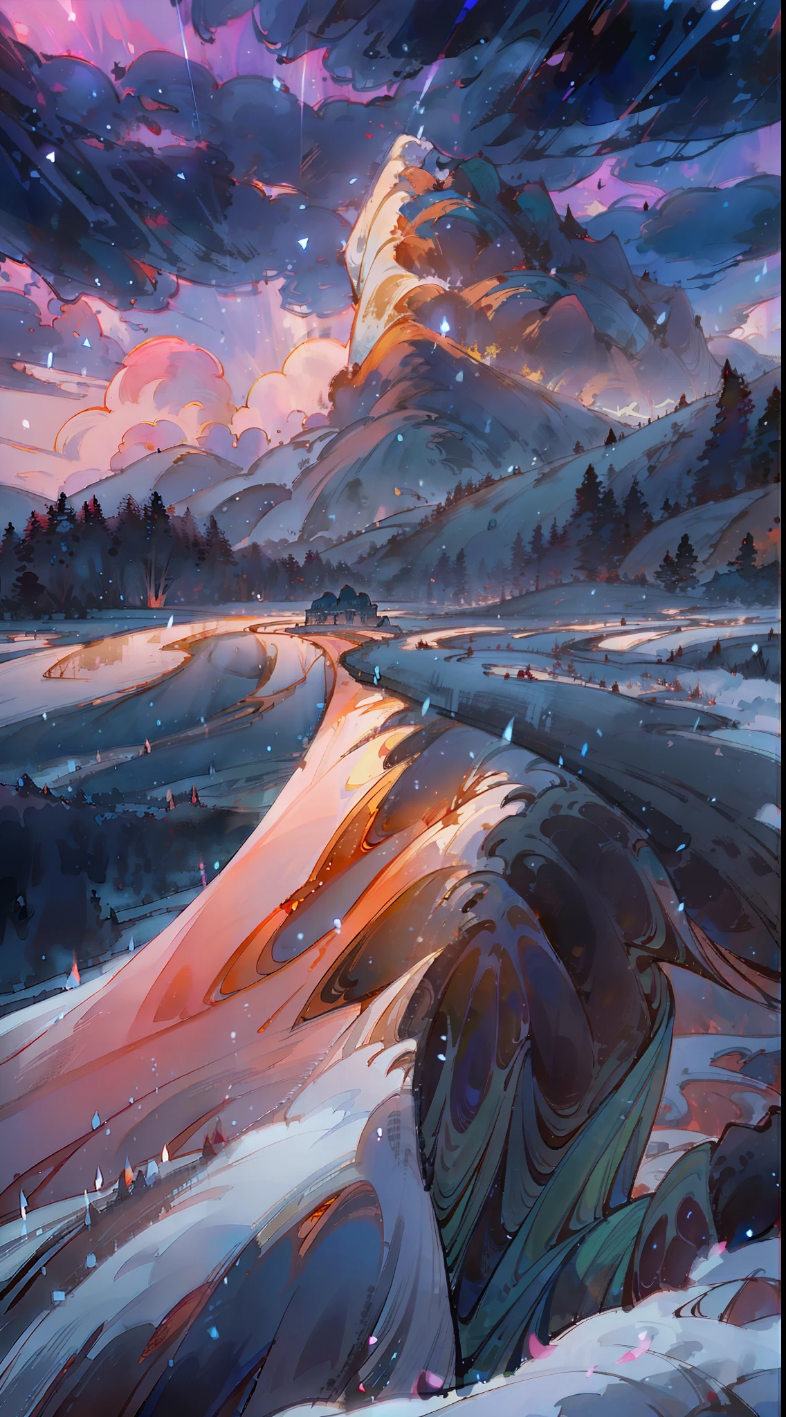 A surreal masterpiece，It presents a beautiful and spectacular view of dusk。Background of snow mountain formation，Accompanied by colorful sunsets and fantastic sky reflections。The beautiful sky is like a flame，Dingdall effect，Beautiful light，This 8K picture creates a fantastic atmosphere，Colorful clouds are suspended in it，Create surreal visual experiences