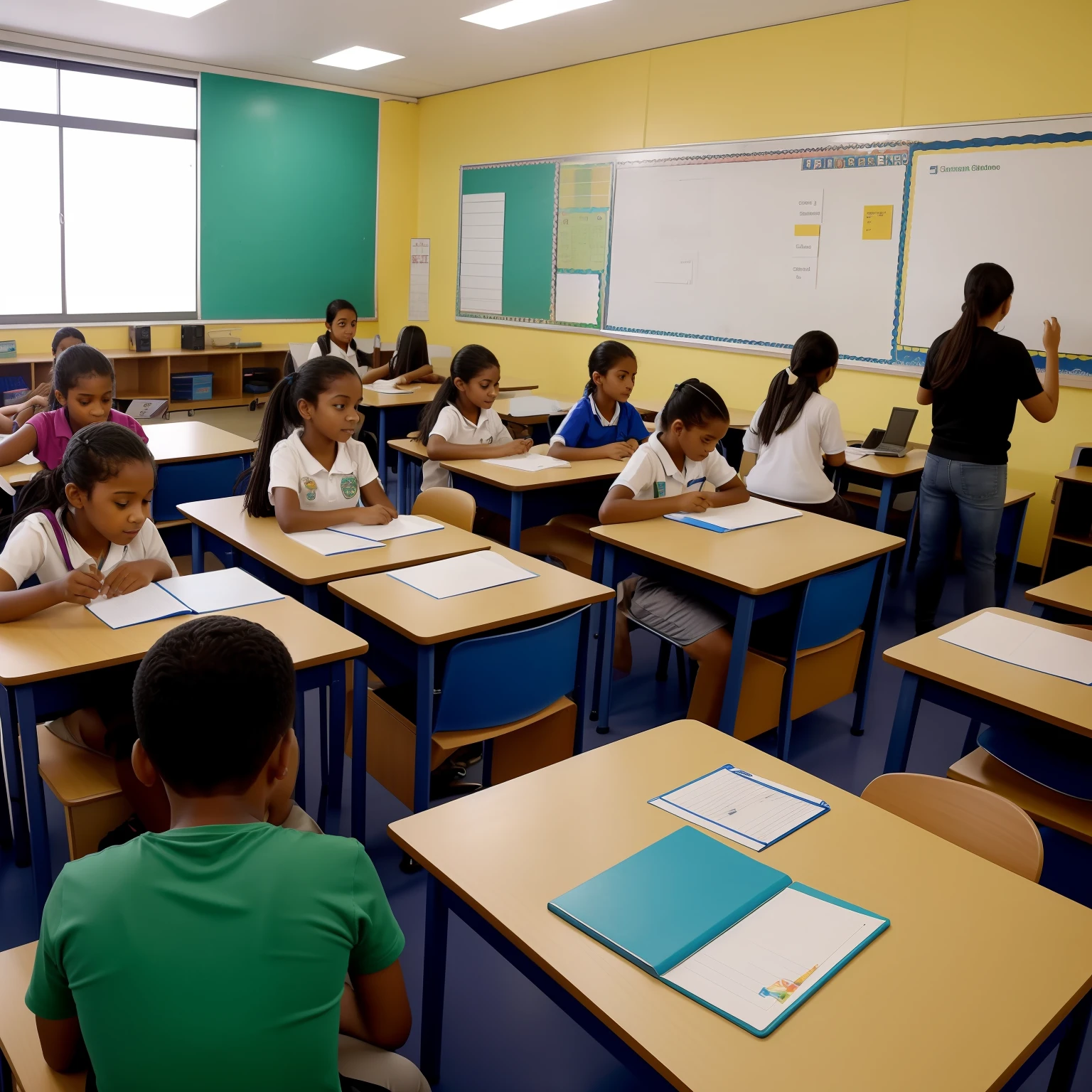 Na sala de aula, a student is sitting in her desk, with a concentrated expression on the face, enquanto acompanha atentamente a aula. The room is filled with classmates, all engaged in their academic activities. Some students are raising their hand to ask questions or contribute their opinions, while others are working in groups, colaborando em projetos ou tarefas. The teacher is in the center of the room, Explaining an interesting topic, and the atmosphere is one of collaborative and participatory learning. The classroom environment is inspiring, with colorful murals on the walls displaying student work and educational information. Livros, notebooks and study materials are scattered throughout the wallets, showing students' commitment to education. The scene conveys a positive sense of learning, where students are engaged and motivated to learn, creating an environment conducive to intellectual growth and personal development