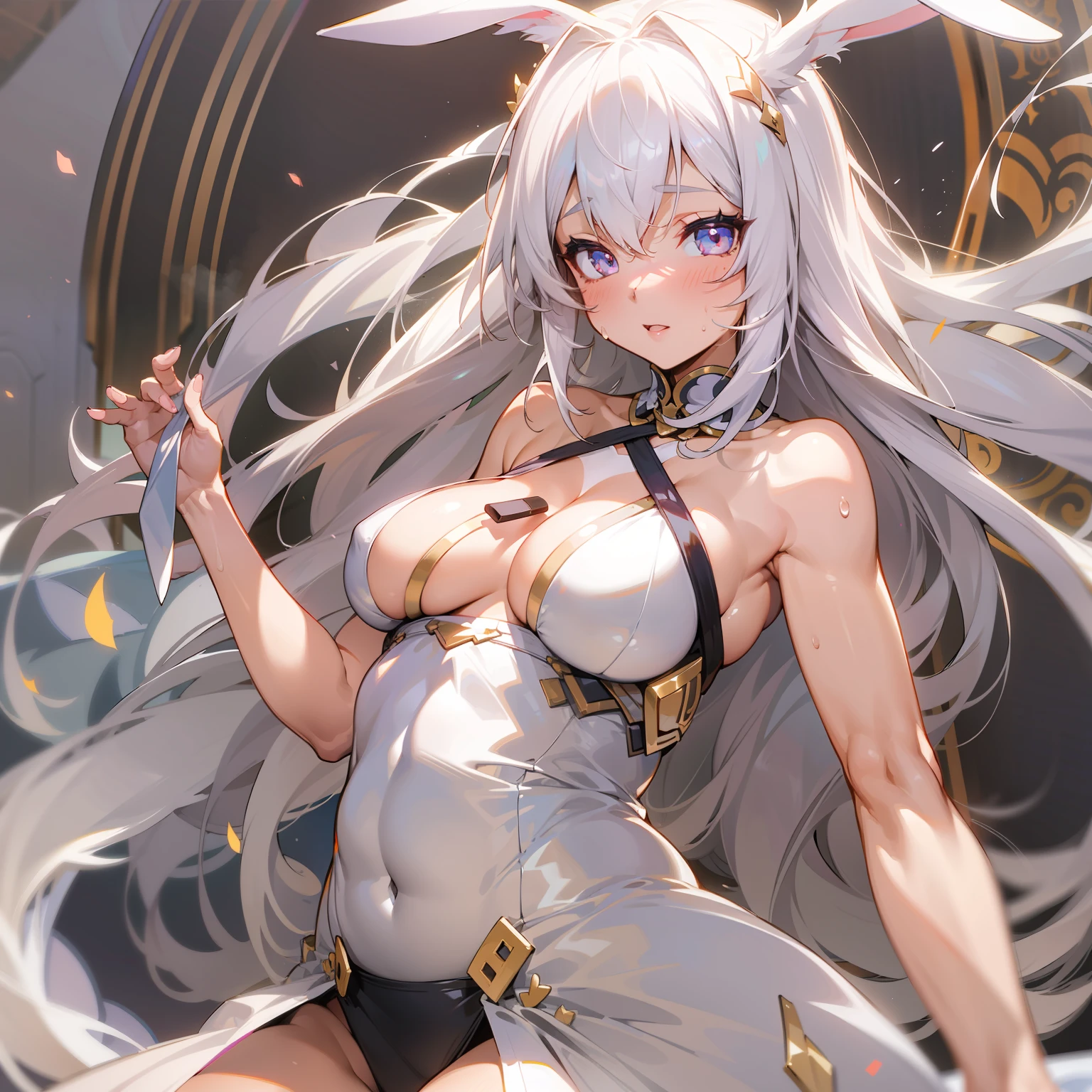 anime girl with long white hair and rabbit ears, rabbit ears girl, solo, seductive anime girl, very beautiful anime rabbit girl, cute anime rabbit, cute anime rabbit, white haired deity, cute anime rabbit, perfect anatomy, tanned skin, big breasts, big thigh, slender body.  , Rabbit humanoid,white hair, skin tan ,1girl, hairlong , HDR, Volumetric Lighting, octane rendering, 8k, ultra high definition, female hourglass body, sweaty, sexy positions, different types of sexy dresses, big breasts, big hips, full body image, Big thighs, from below, Big breast, big ass, thicc, focus on the ass