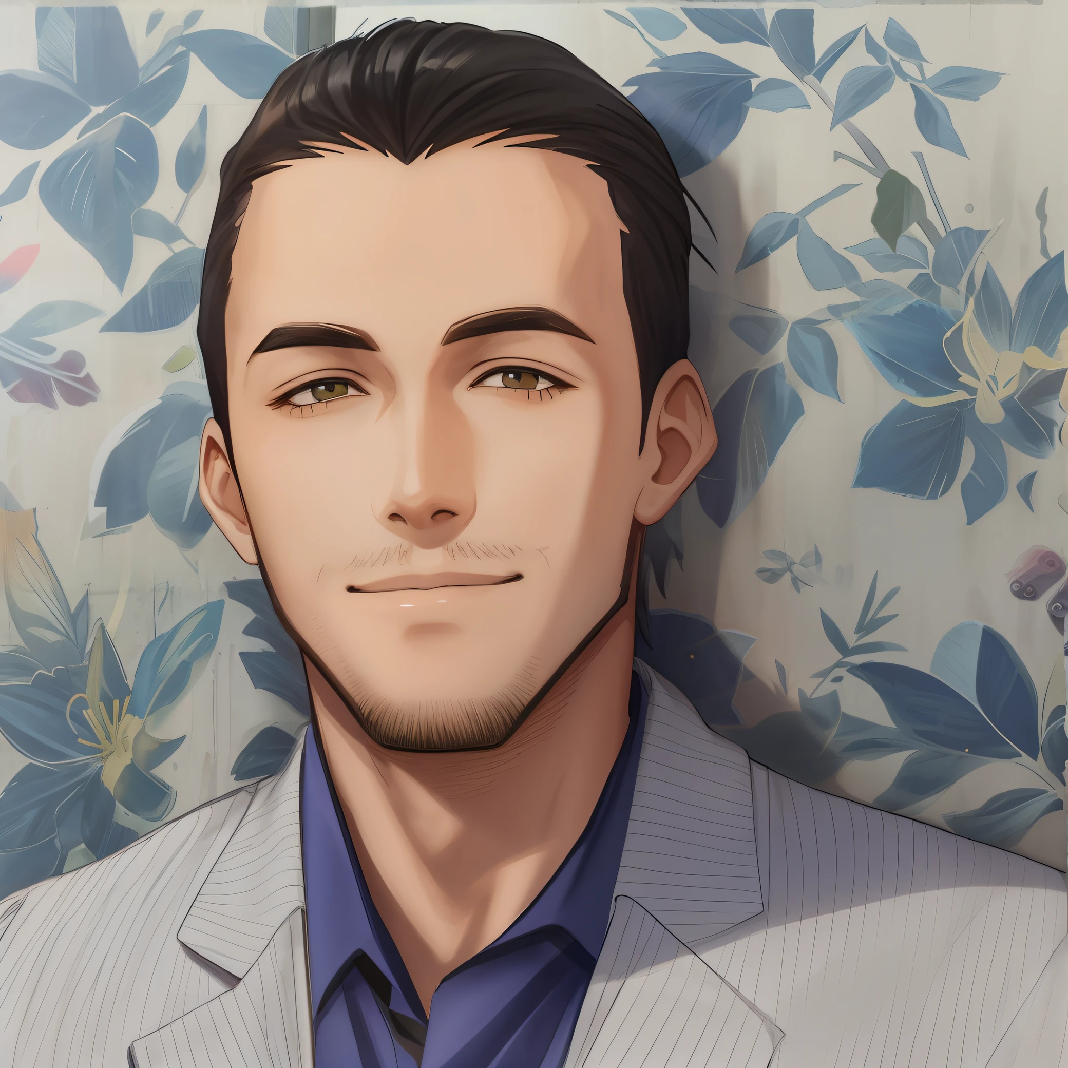 "Smiling man in elegant dress and blue shirt in front of a wall (neon red), GTA San Andreas anime style."