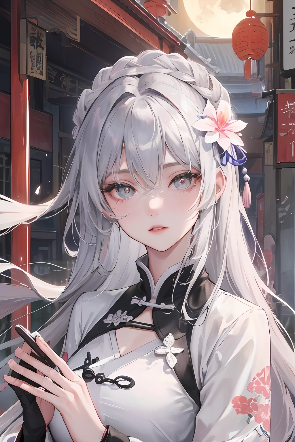 Masterpiece, Best quality, Night, full moon, 1 girl, Mature woman, Chinese style, Ancient China, sister, Royal Sister, Cold expression, Expressionless face, Silver white long haired woman, Light pink lips, calm, Intellectual, tribelt, Gray pupils, assassins, short knife, flower ball background, Stroll through the street view
