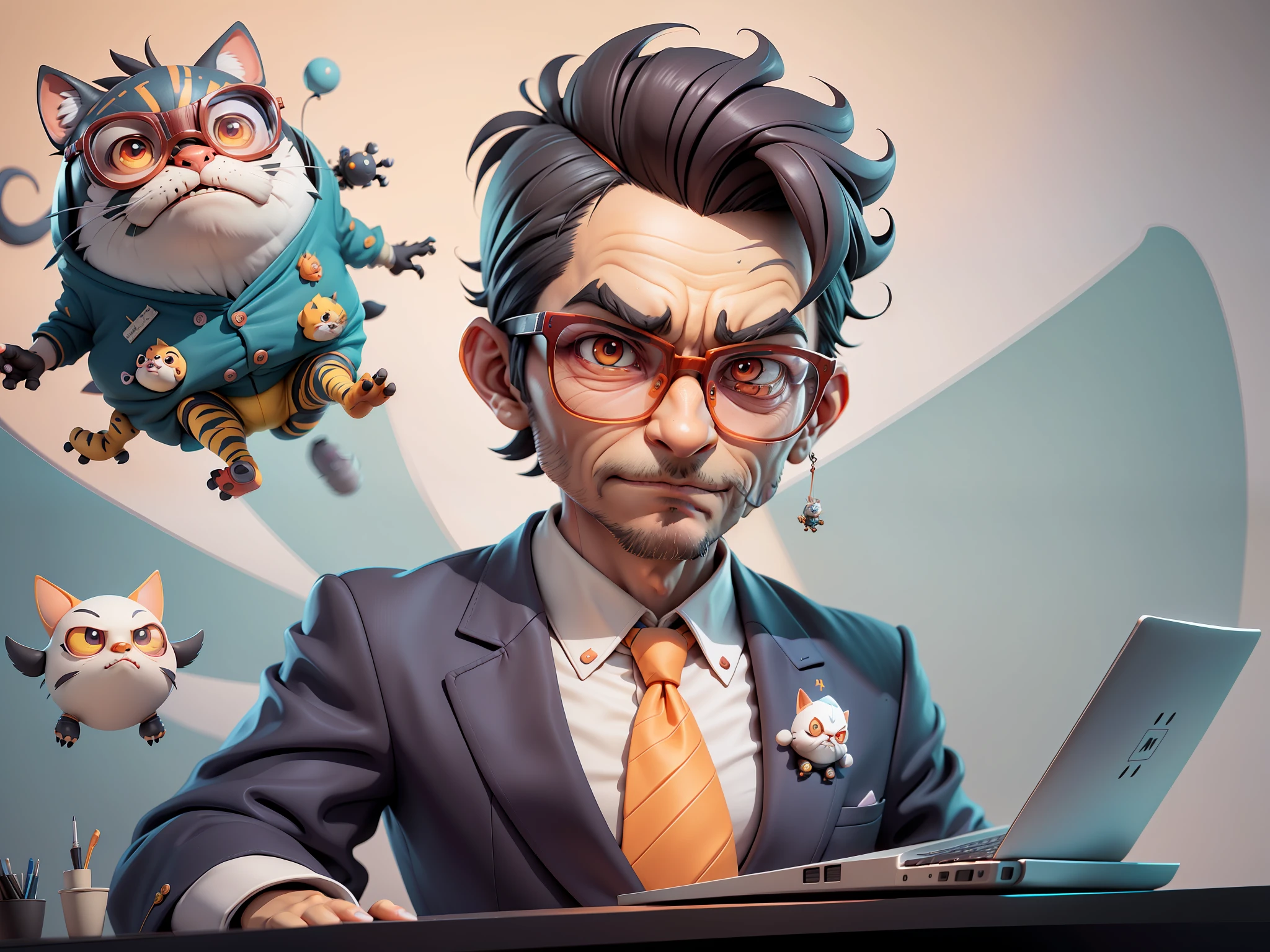 A young man in a suit, Short hair and glasses sat at his desk,holding laptop,digitial painting,tigre,3D character design by Mark Clairen and Pixar and Hayao Miyazaki and Akira Toriyama,4K HD illustration,Very detailed facial features and cartoon-style visuals。