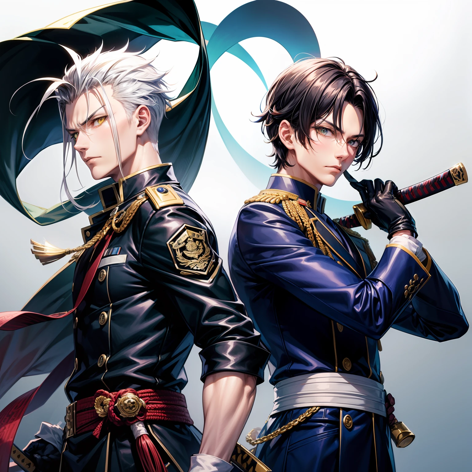 tall man with a lean but fit frame. He has a long face with high, narrow cheekbones, piercing eyes, while yellow in color. His short black hair is slicked back except for four bangs over his forehead, wearing a blue police uniform with white gloves, Meiji era uniform, I am Soku Zan style, Using a katana in battle pose Gatotsu Zero Shiki.