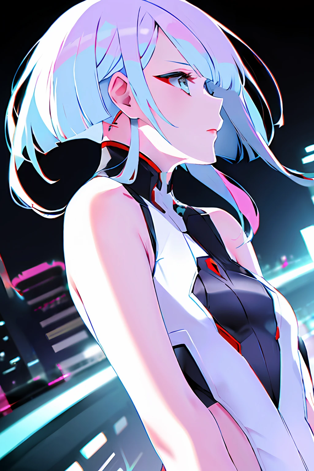 lucy \(cyberpunk\), 1girl, bangss, bblurry, short hair, (tiny chest), cyberpunked、Gradient eyes、grey  eyes、white  hair、s lips、middlebreast、multicolored eyes、Light blue multicolored hair、Red eyeliner、SF、shorth hair、独奏、hight resolution, Photorealsitic, (shinny skin), big breasts thin waist、perfect anatomia、best qualtiy、2D、arm behind head , (profile angle:1.4)