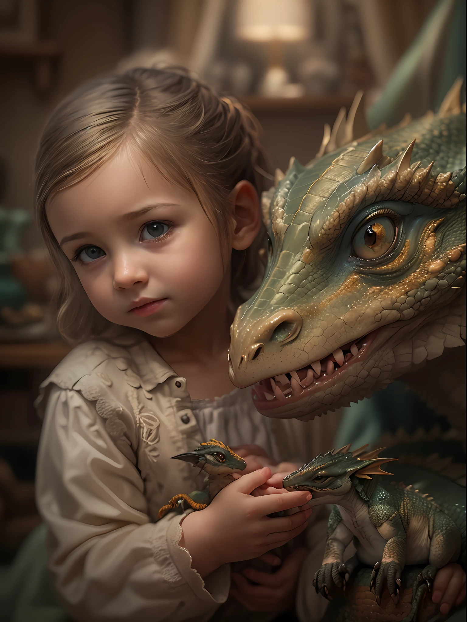 A portrait full body photograph (A cute petting a baby dragon) perfect detailed anatomy. at home. epic realistic, photo, faded, neutral colors, ((((hdr)))), ((((muted colors)))), intricate scene, artstation, intricate details, vignette