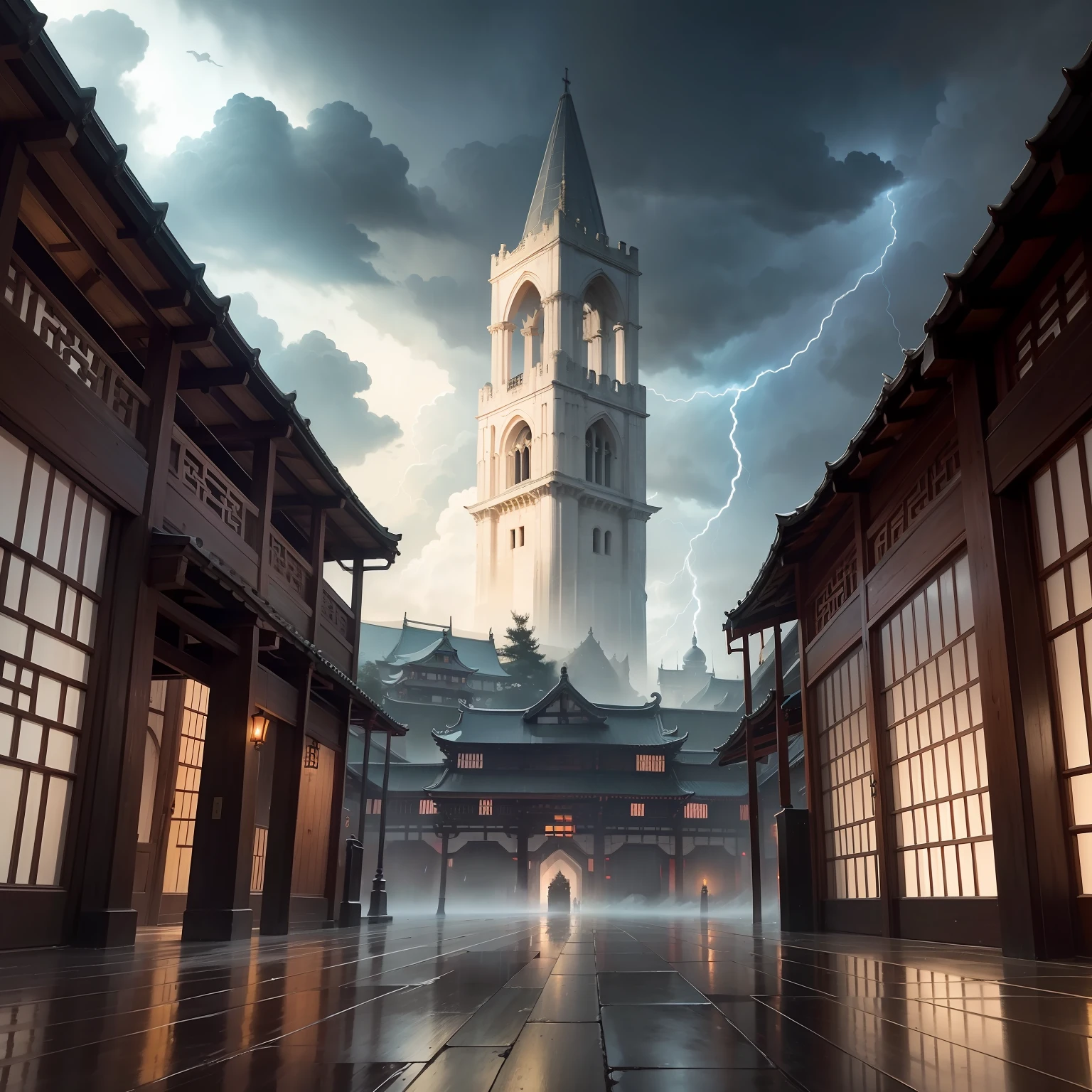 The White Friars Royal Sword Flight,Lightning runs on the edge of the sky,Ancient Chinese buildings stand quietly in the rain