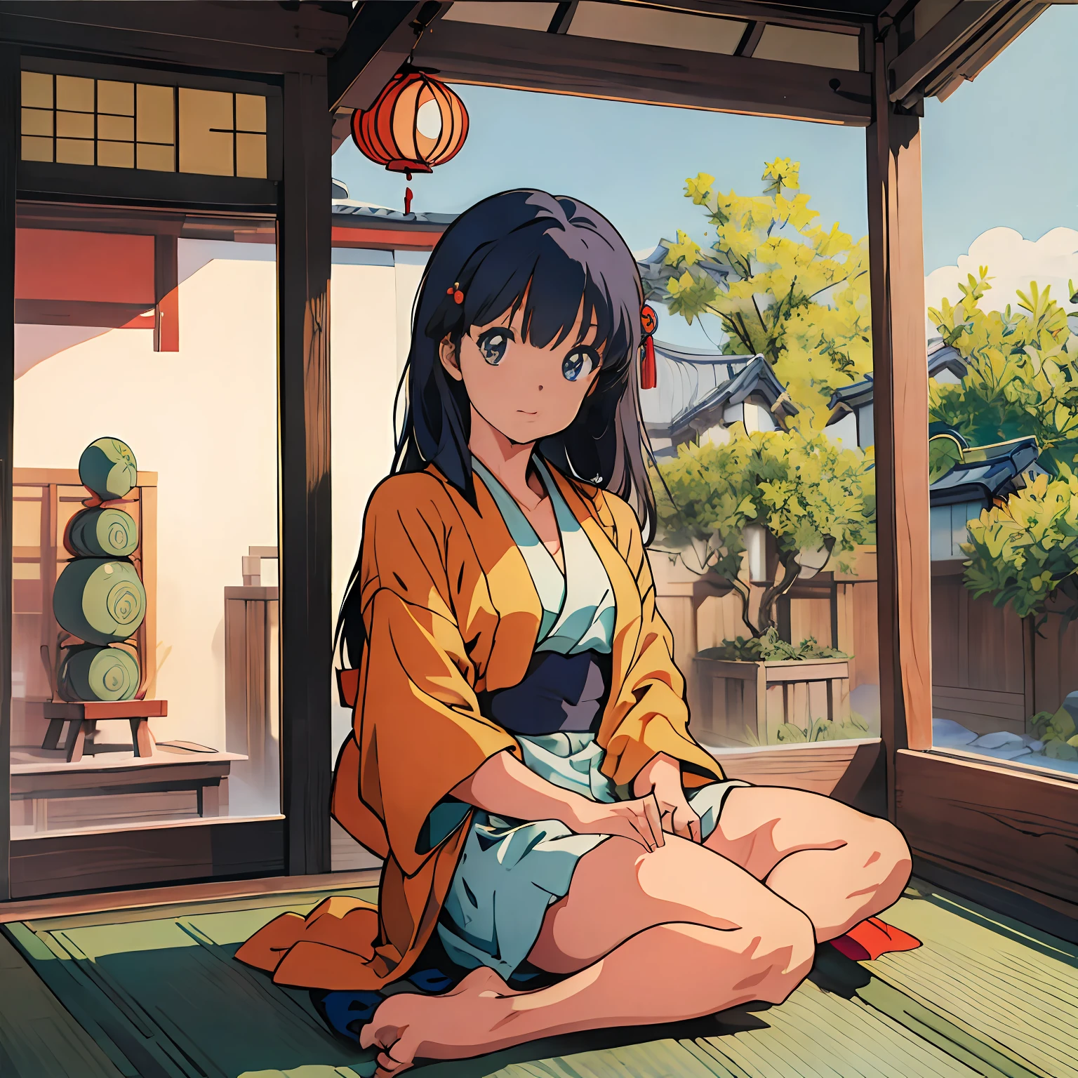 (masterpiece), (best quality), (1girl), solo, sexy, perfect body, kimono, sitting, sunny day, Japanese traditional house, wind chime, anime, 1980s style