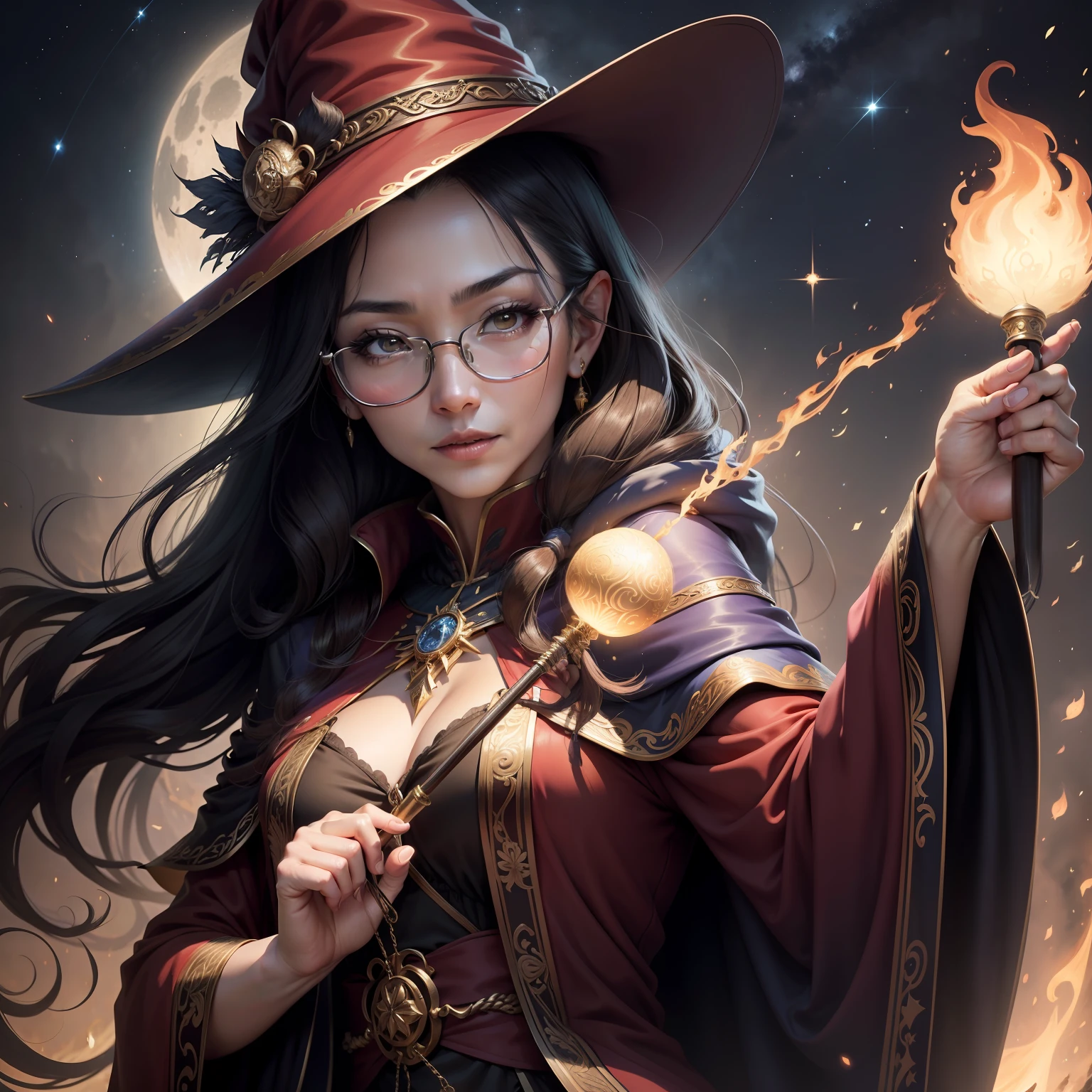 Middle-aged woman with oriental features, Sorceress with fire spells coming out of one of her hands and the other hand must have a magic wand on a cold starry sky night, com nuvens e uma grande lua. A roupa da feiticeira deve ser sexy sem ser vulgar. Must wear a Harry Potter-style glasses and a witch's hat.