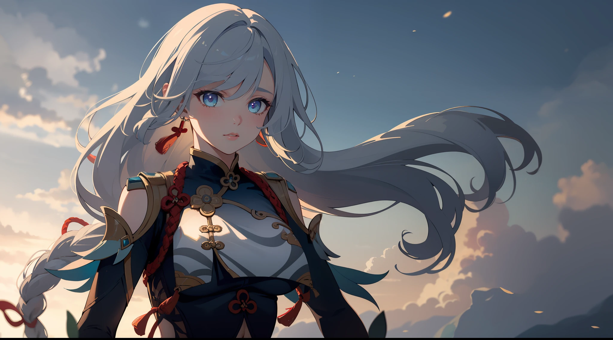 shenhedef, upper body, seductive look, blush, outdoors, snowflake scenery, looking at viewer, cloudy, moody lighting, (perfect detail eyes:1.2), glowing eyes, (long hair one braid:1.2), elemental skill effect, (Masterpiece, Best Quality, High Quality:1.4), professional artwork, Intricate Details, field of view, sharp focus, detailed painting, photorealistic lighting, trending on pixiv, (vivid lighting, vibrant colors:1.05), realistic shadows, ambient occlusion, (athletic body:1.3), mature woman, 30yo,