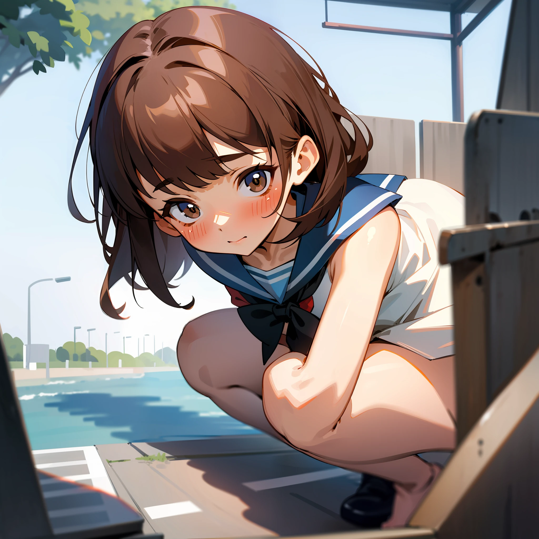 schoolgirl, Brown hair, Medium hair, Sailor suit, (Naked:1.1), Nipples (Blushing:1.0), Detailed face, Roadside, POV crouching，Expose the inside of your legs