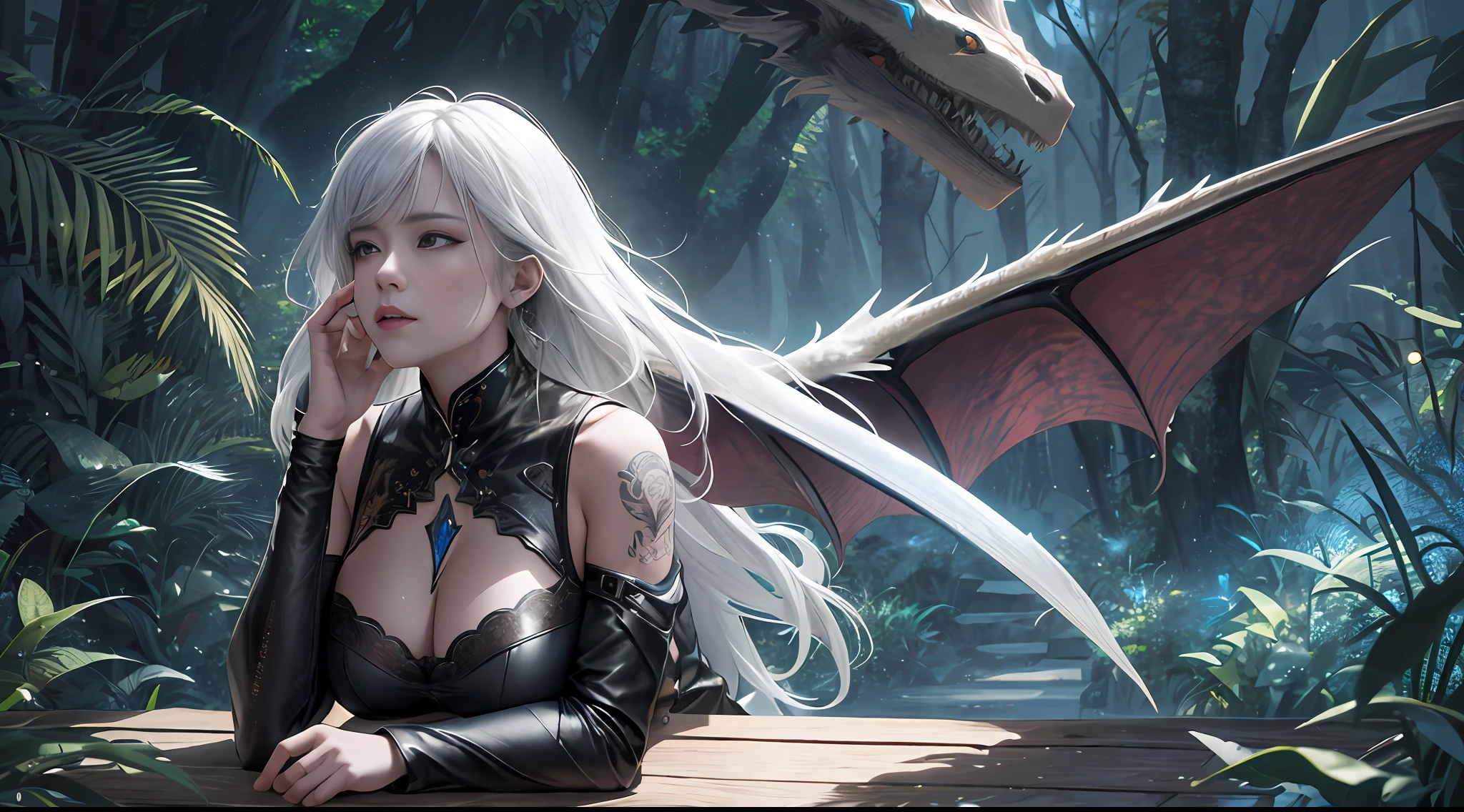 Photorealistic, Ultra photo realsisim, Extremely detailed, ultra - detailed, Soft lighting, Detailed background, Extreme detail background, sharp detailed, ((full bodyesbian)), rainforests，Original indigenous，woman，solo person，Dragon's horn，Bat wings，half-body shots，fog atmosphere，Leather clothes，Tattooed with，wildness，photorealistic portrait，dynamicposes，dramatics，hdr（HighDynamicRange）,Ray traching,NVIDIA RTX,Hyper-Resolution,Unreal 5,Subsurface tering、PBR Texture、post-proces、Anisotropy Filtering、depth of fields、maximum definition and sharpness、Many-Layer Textures、Albedo e mapas Speculares、Surface coloring、Accurate simulation of light-material interfectly proportions、rendering by octane、Two-colored light、largeaperture、Low ISO、White balance、the rule of thirds、8K raw data、