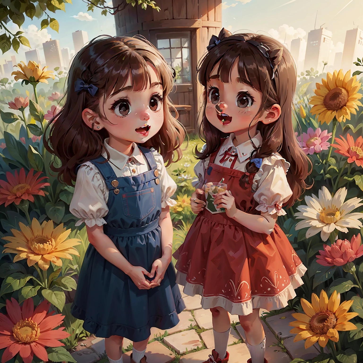 Cute girls, One is that my sister talks happily with people, The other sister looked at them and spoke,Thought about something, Everyone also stood in the garden