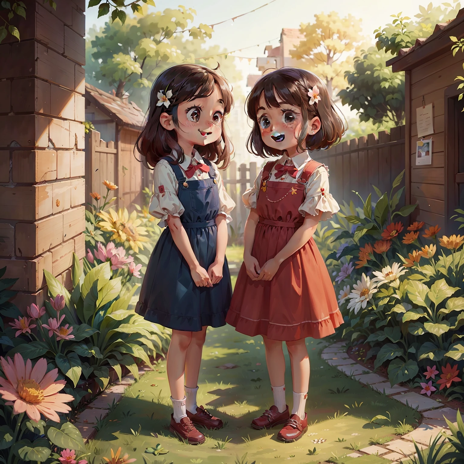 Cute girls, One is that my sister talks happily with people, The other sister looked at them and spoke,Thought about something, Everyone also stood in the garden