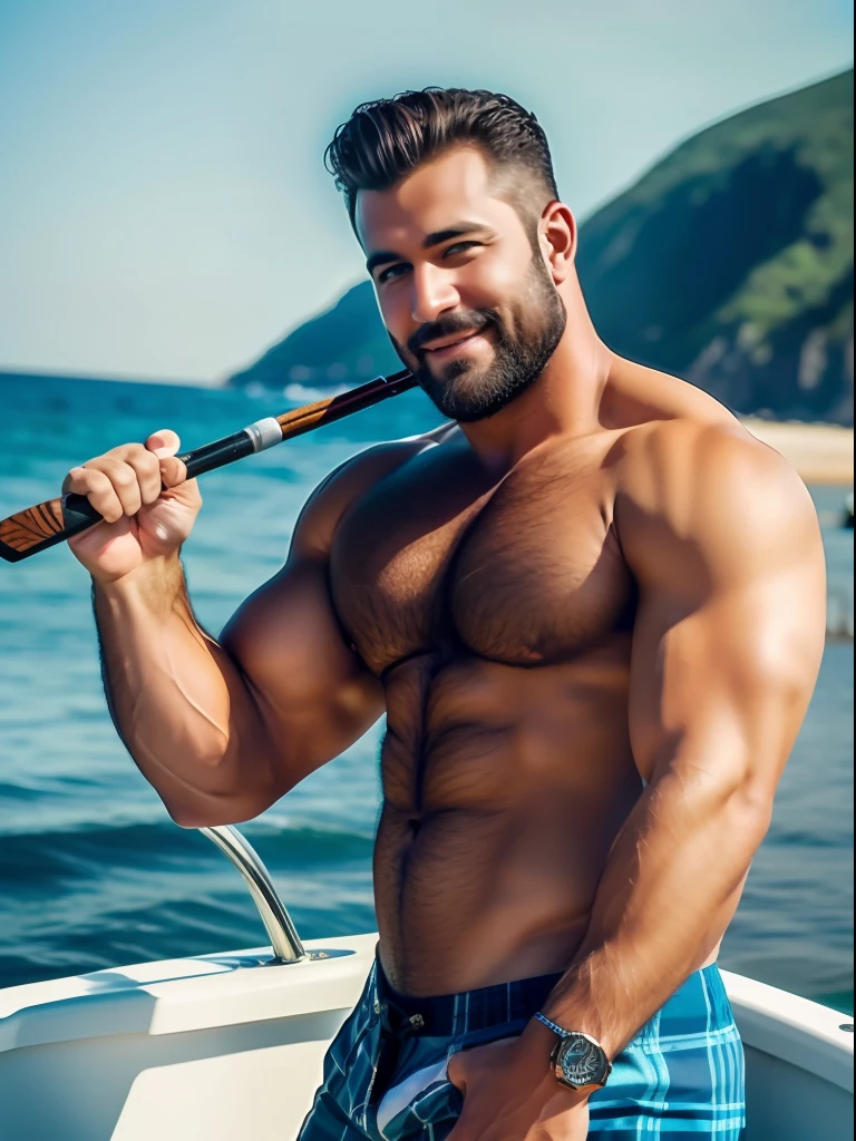 A ultra realistic photo of an insanely handsome hunky 50s very sexy attractive hunk fisherman by the ocean, full body, very hairy body, big beefy man, ripped checkered, exposed hairy body, big bulge, tanned, raunchy, toned body, beach, running, action shot, summer, sunny, soft lighting, muscular, extremely charming, kind smirk, dimple, fishing tools, boats, in the style of Mario Testino, central composition, big nose, big hands, light brown hair, insanely handsome.