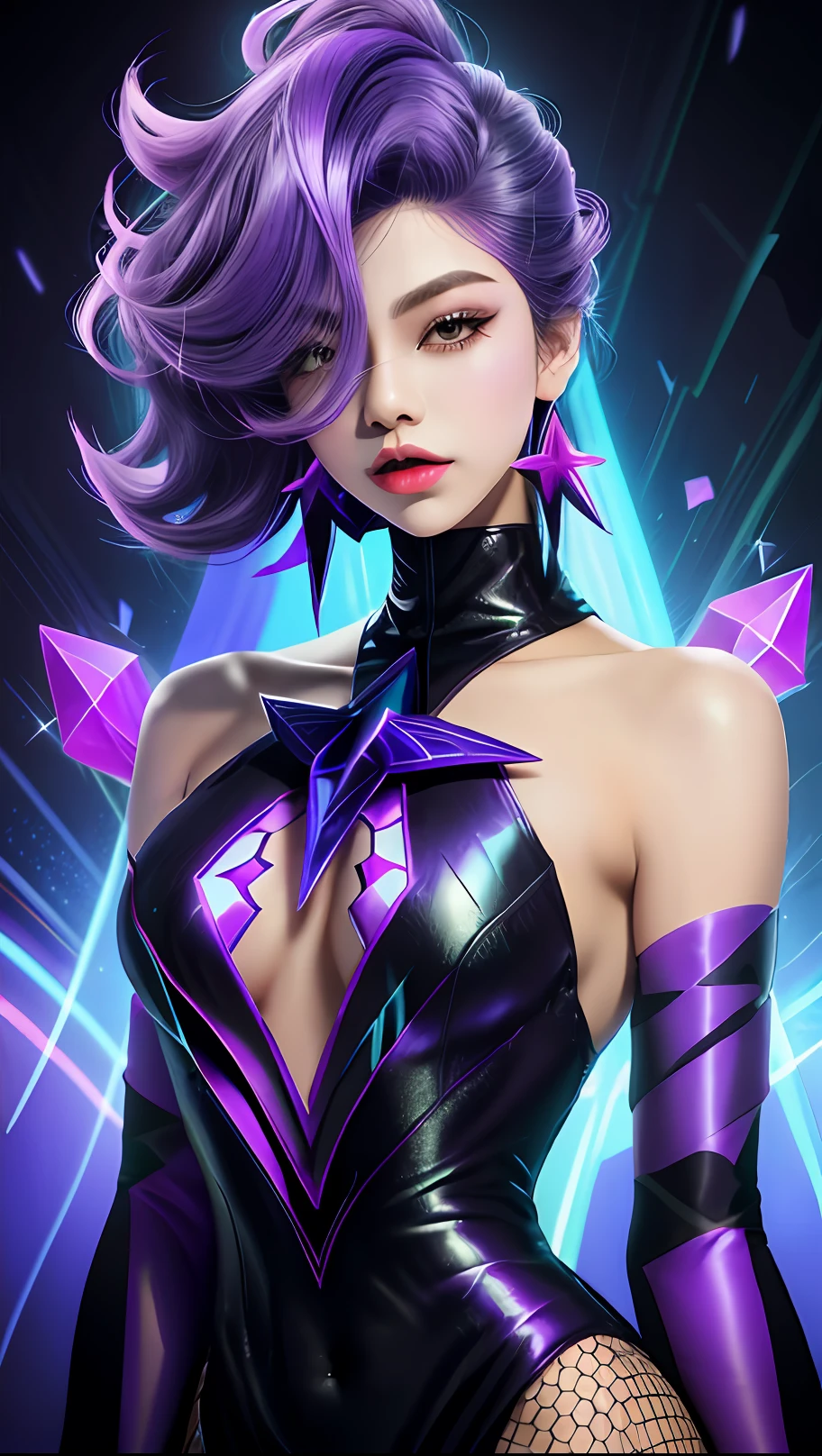 A woman in a black dress，Purple hair and purple stars, rossdraws cartoon vibrant, :: rossdraws, rossdraws 2. 5, artgerm and rossdraws, inspired by rossdraws, rossdraws 2. 0, Extremely detailed Artgerm, Rosla 1. 0, Style Artgerm, rossdraws pastel vibrant, Artgerm style