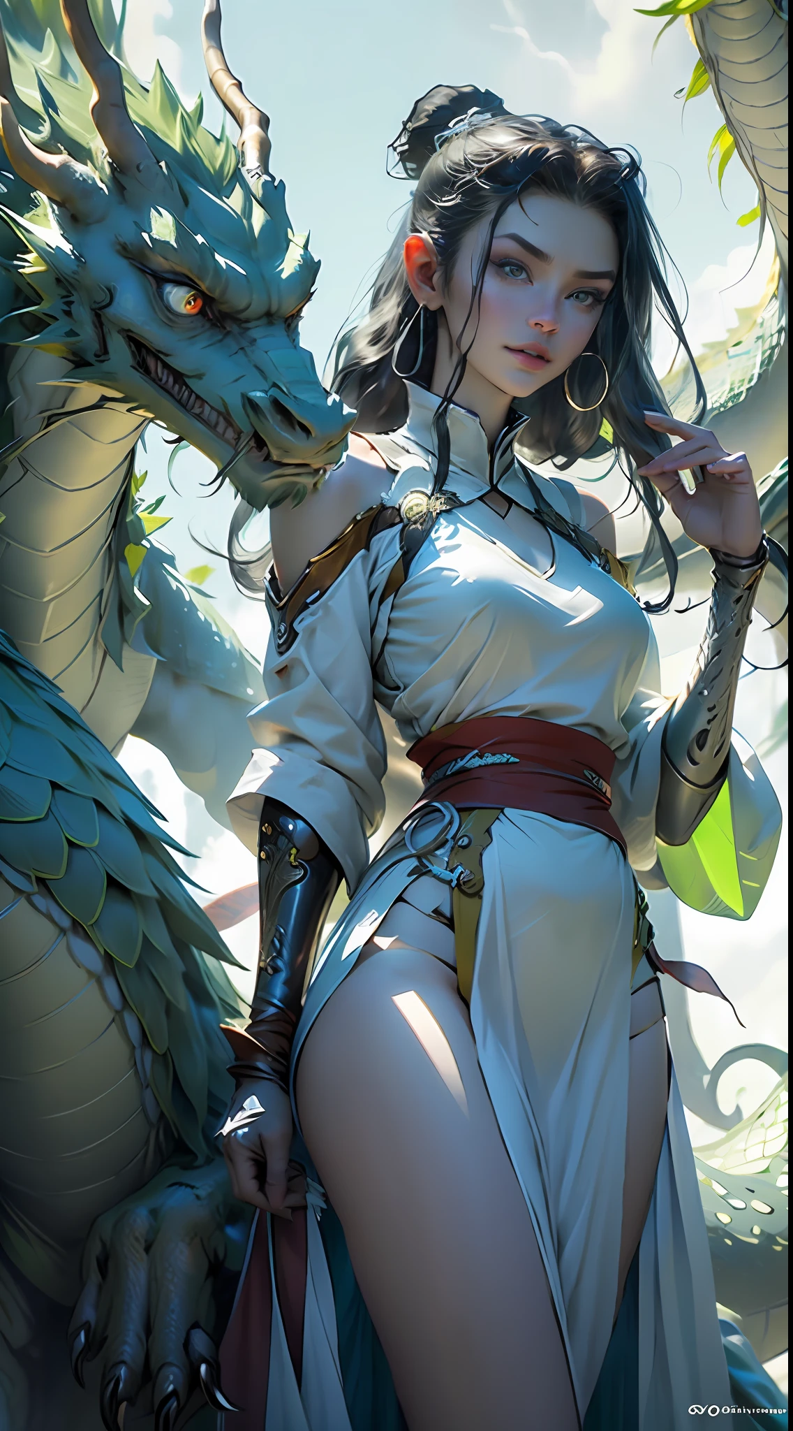 drak，chinesedragon，a Oriental Dragons，（Wind element），tornado，Lightning lightning，dynamic blur，Dragon Princess，a mature female，Peerless beauty，Delicate Face Portrayal，Extra-long hair that is disturbed by the wind，loong background，（The light green dragon is behind the dragon girl），Beautiful dragon hair accessories，Light green transparent dragon wings，Long floating light green hair，dragon claw，Absolutely beautiful，Light green fluorescent transparent tulle skirt，（（facial closeups）），Windswept clouds，Big wind，Water surrounds，Gorgeous highlights，Light green particle effect，Facial portrayal in ultra-fine detail，Delicate fingers，crystals texture skin，Bigboobs，Wind surrounds，Close-up，dream magical，Both shoulders are cutout，ssee-through，cleanness，Cloudy 8K resolution、depth of fields、Macro lens、The lines thicken