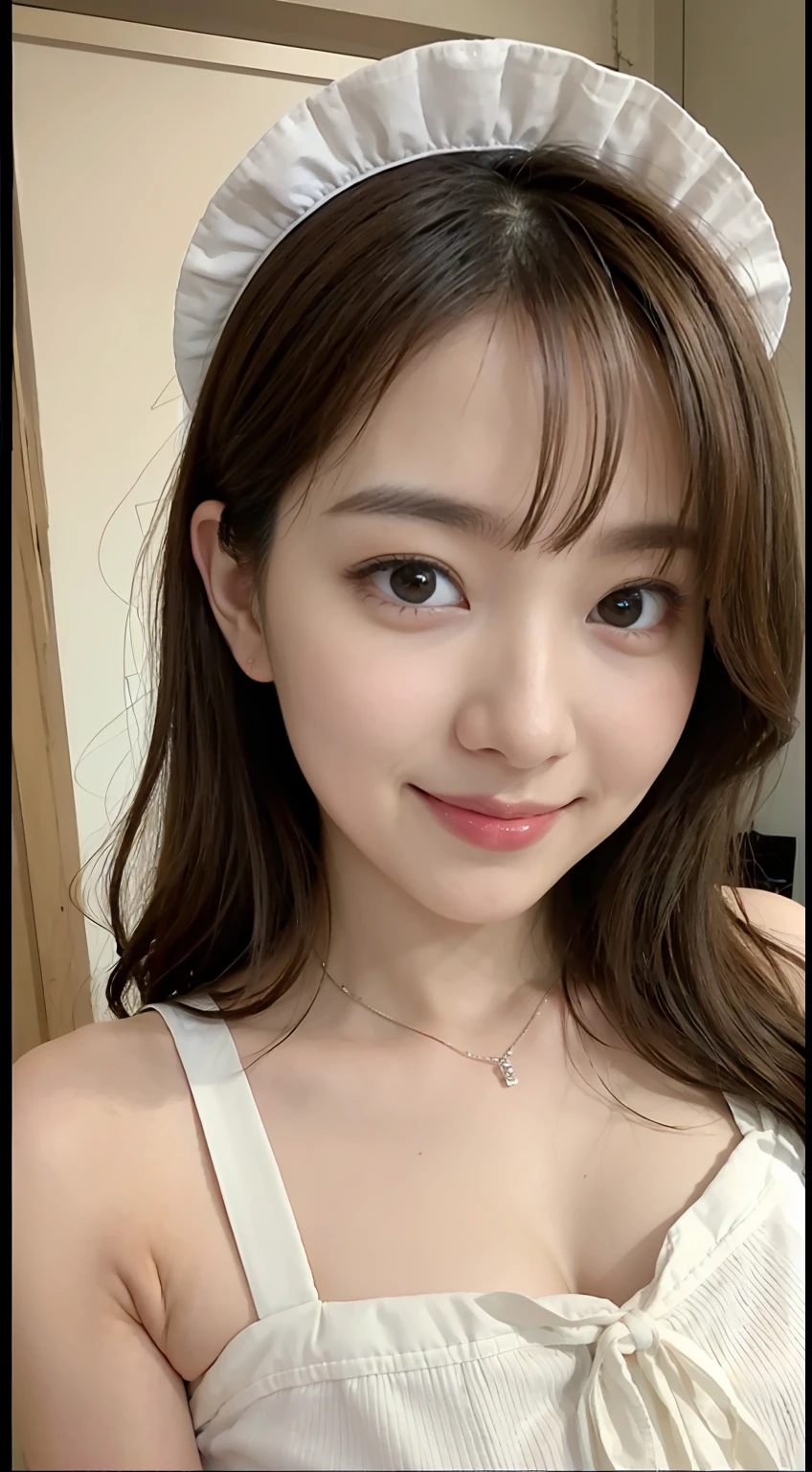 ((top-quality、8K、masterpiece:1.3))、Pretty women、20 years girl、K-pop Idol Face、Colossal tits:1、slender figures:1、dark brown hair、(white walls)、(Maid Uniform)、hyperdetailed face、Detailed lips、A detailed eye、二重まぶた、sexy pose、A smile、Sexy Shots、Raw photo、a baby face、kawaii faces、Cute
