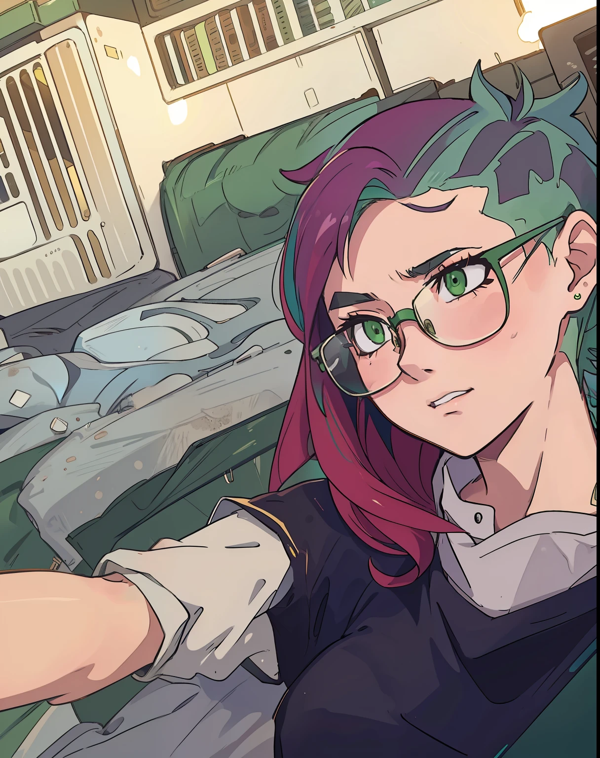 2d anime girl glasses frame green hair shaved side